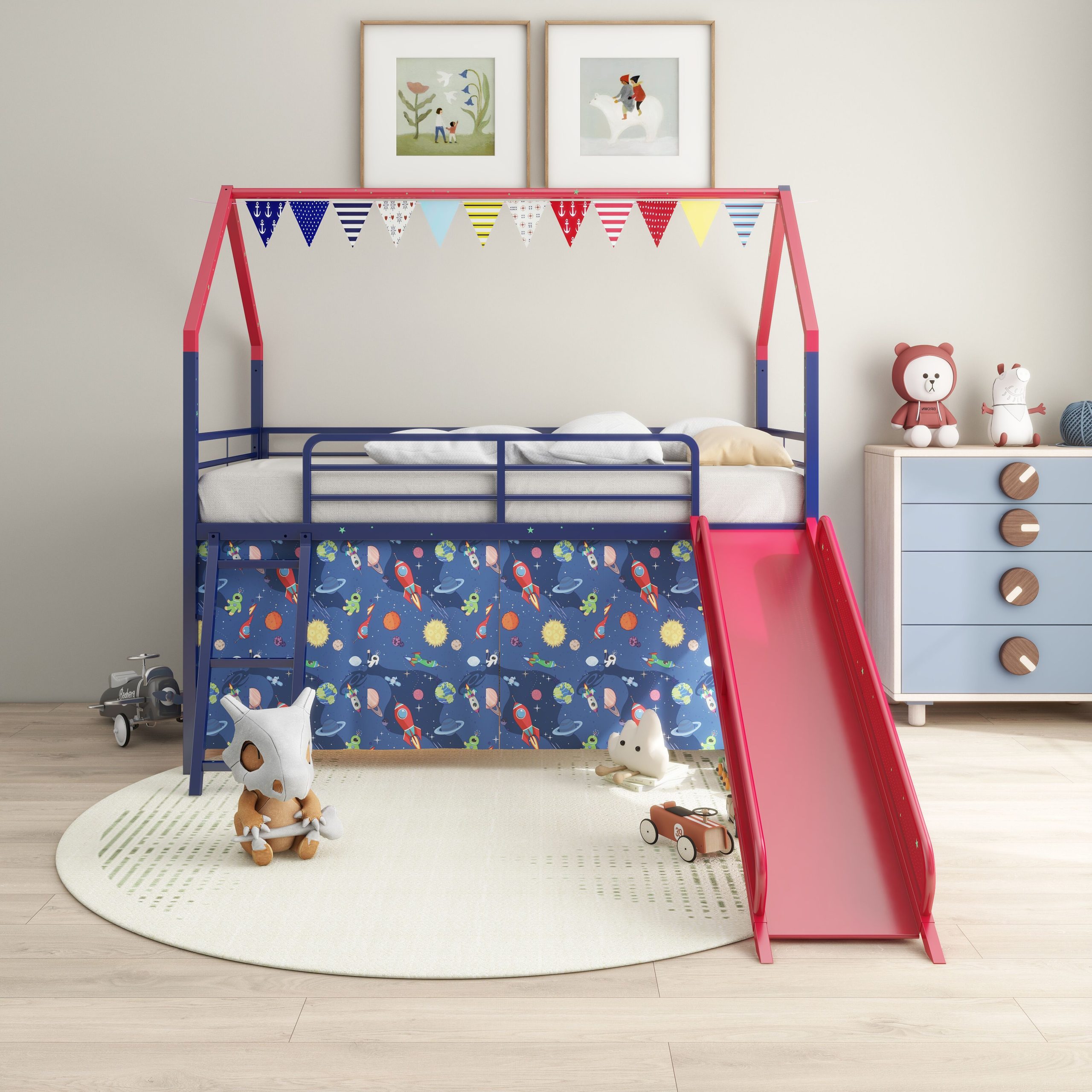 Jack Metal Junior House Twin Loft Bed with Slide and Curtain Set, Super Hero Color Navy Blue and Red - Image 1