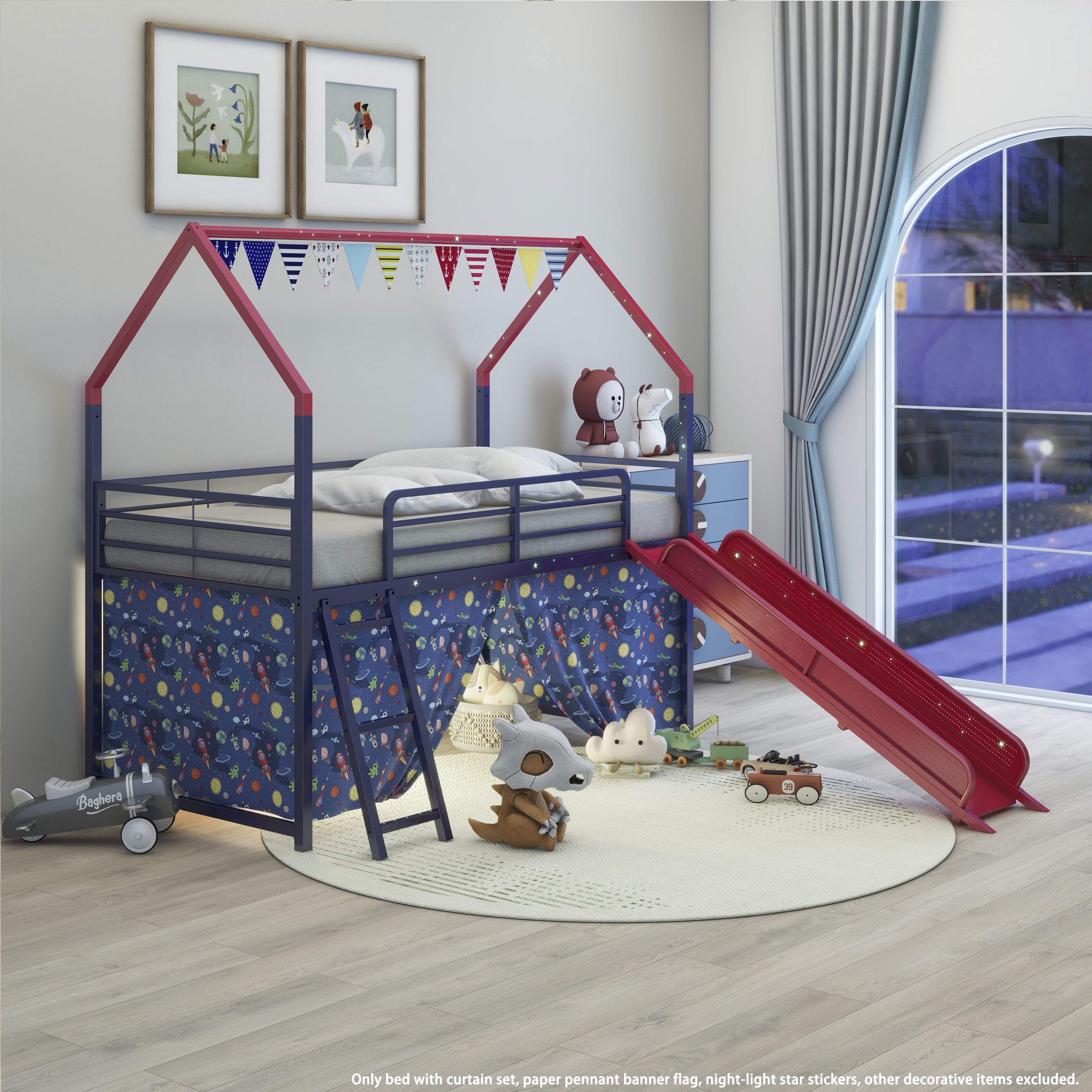 Jack Metal Junior House Twin Loft Bed with Slide and Curtain Set, Super Hero Color Navy Blue and Red - Image 2