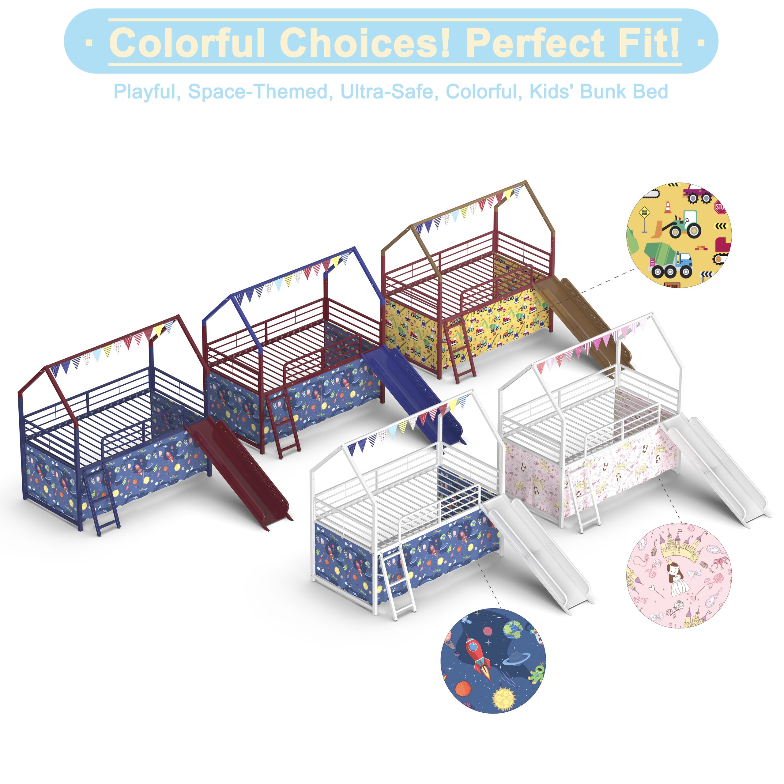 Jack Metal Junior House Twin Loft Bed with Slide and Curtain Set, Super Hero Color Navy Blue and Red - Image 3