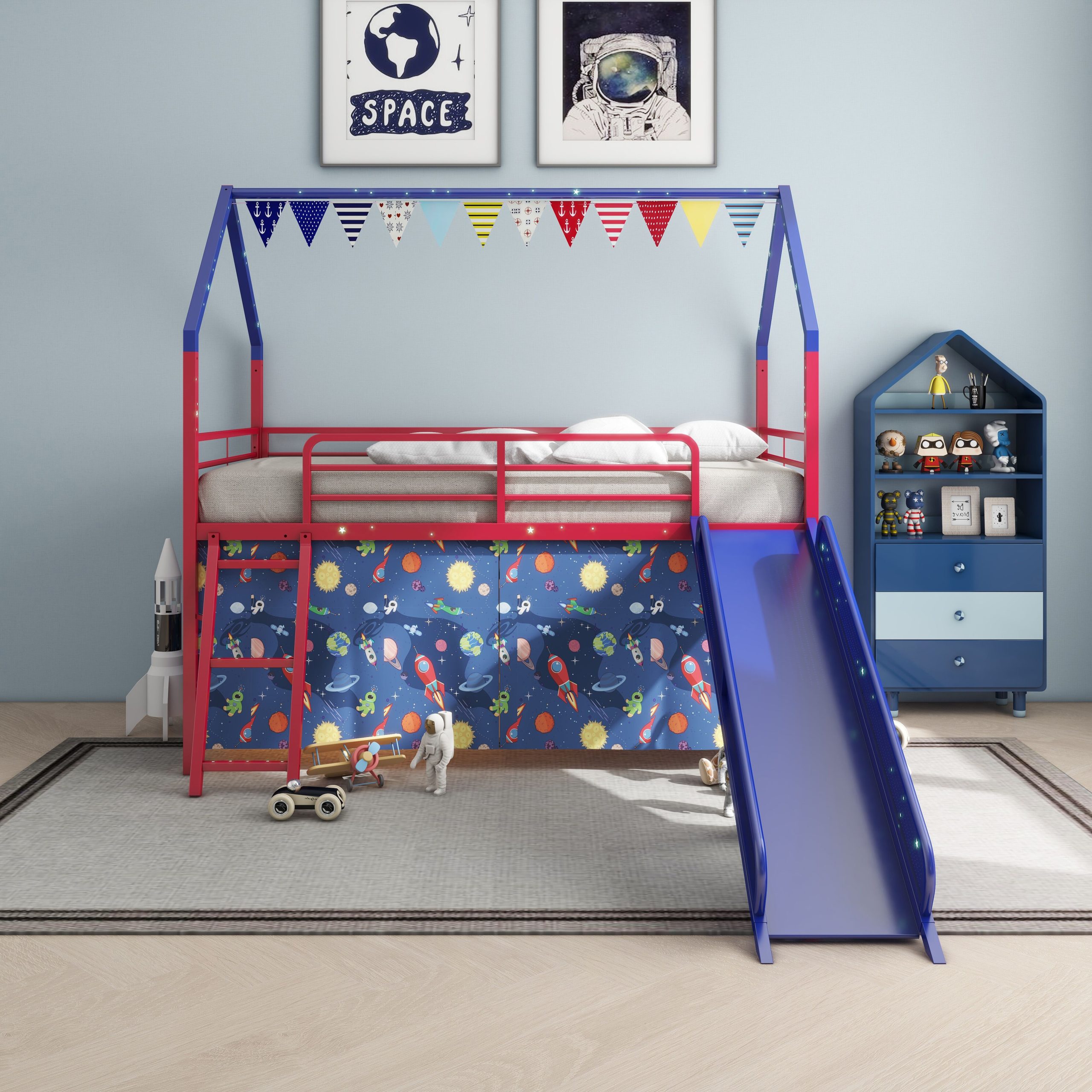 Jack Metal Junior House Twin Loft Bed with Slide and Curtain Set, Super Hero Color Red and Blue
