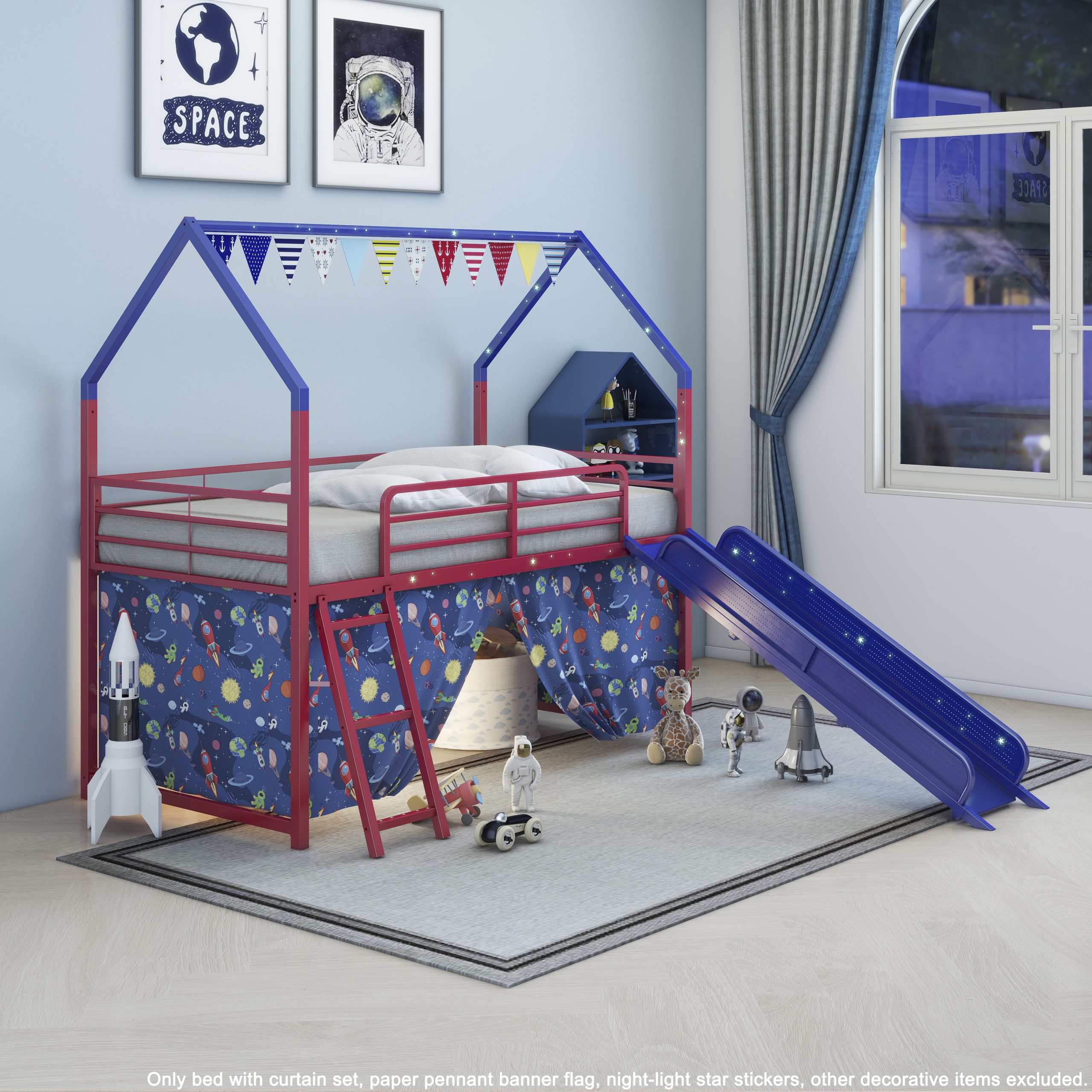 Jack Metal Junior House Twin Loft Bed with Slide and Curtain Set, Super Hero Color Red and Blue - Image 2