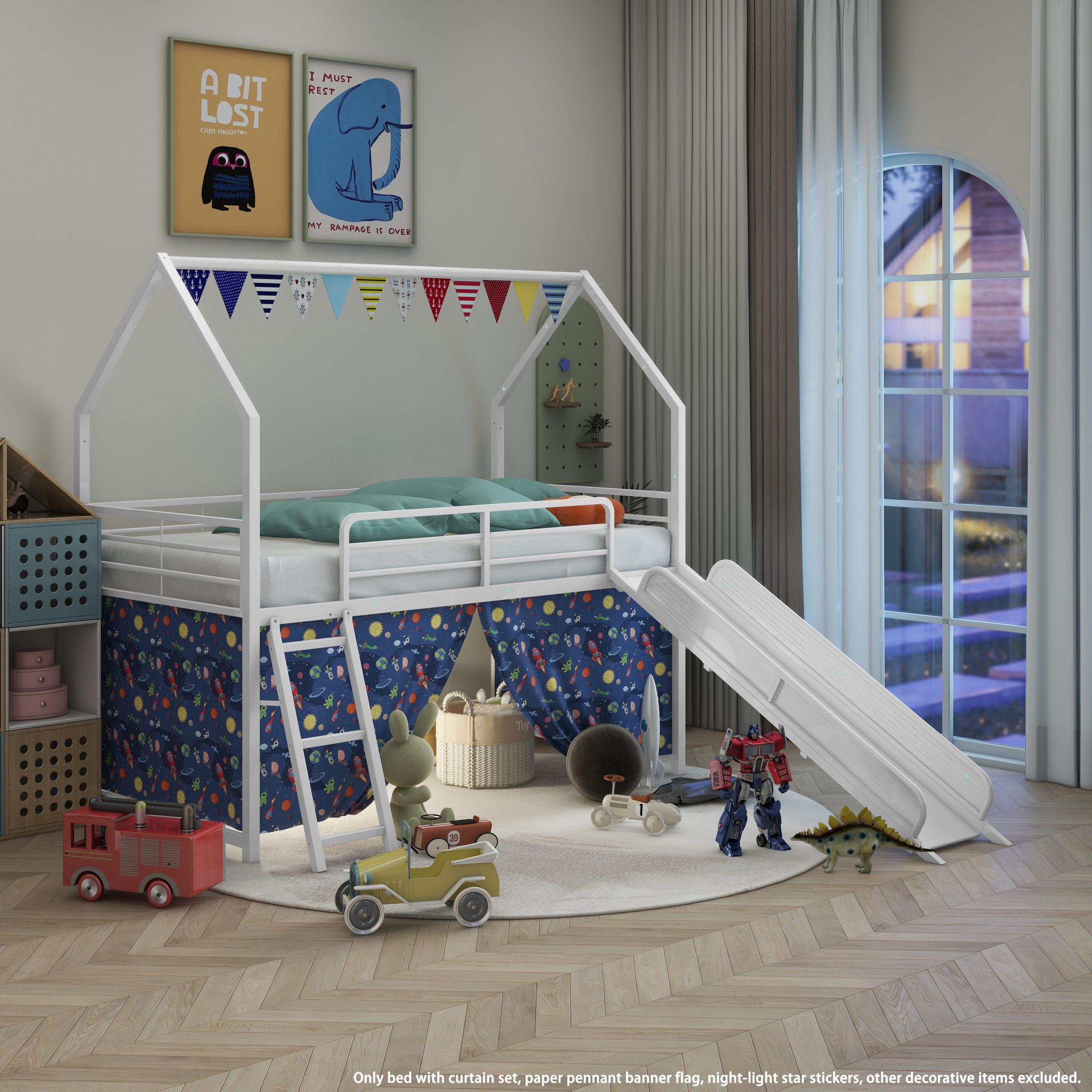 Jack Metal Junior House Twin Loft Bed with Slide and Curtain Set and Pennant Banner Flag and Star Stickers, White with Blue - Image 2