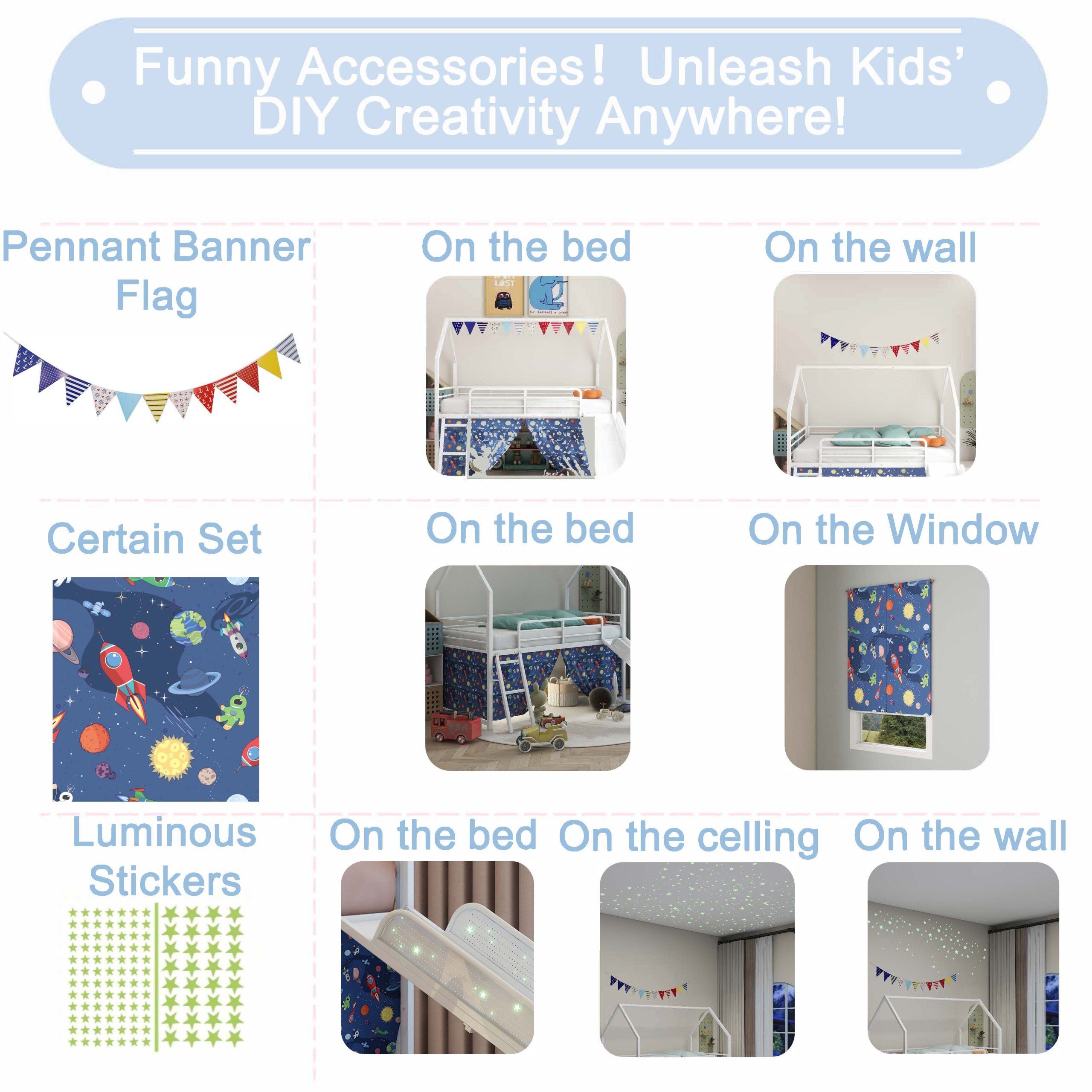 Jack Metal Junior House Twin Loft Bed with Slide and Curtain Set and Pennant Banner Flag and Star Stickers, White with Blue - Image 4