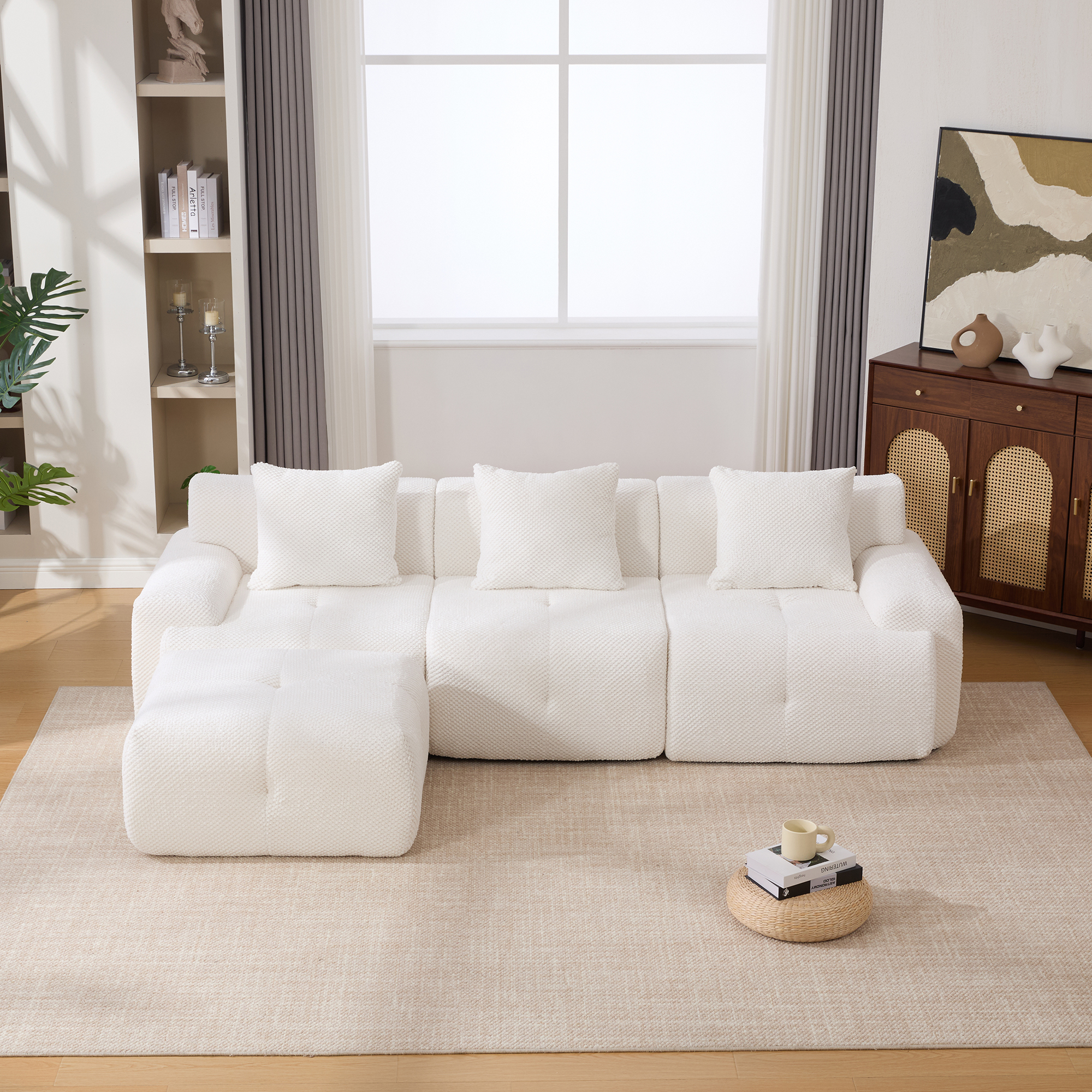 104.3" 4-Piece L Shaped Upholstered Modular Sectional Sofa, Oversized 3-Seater Boneless Convertible Cloud Tufted Couch Set with Deep Seat & Movable Ottoman 3 Pillows for Living Room,No Assembly, Ivory - Image 2