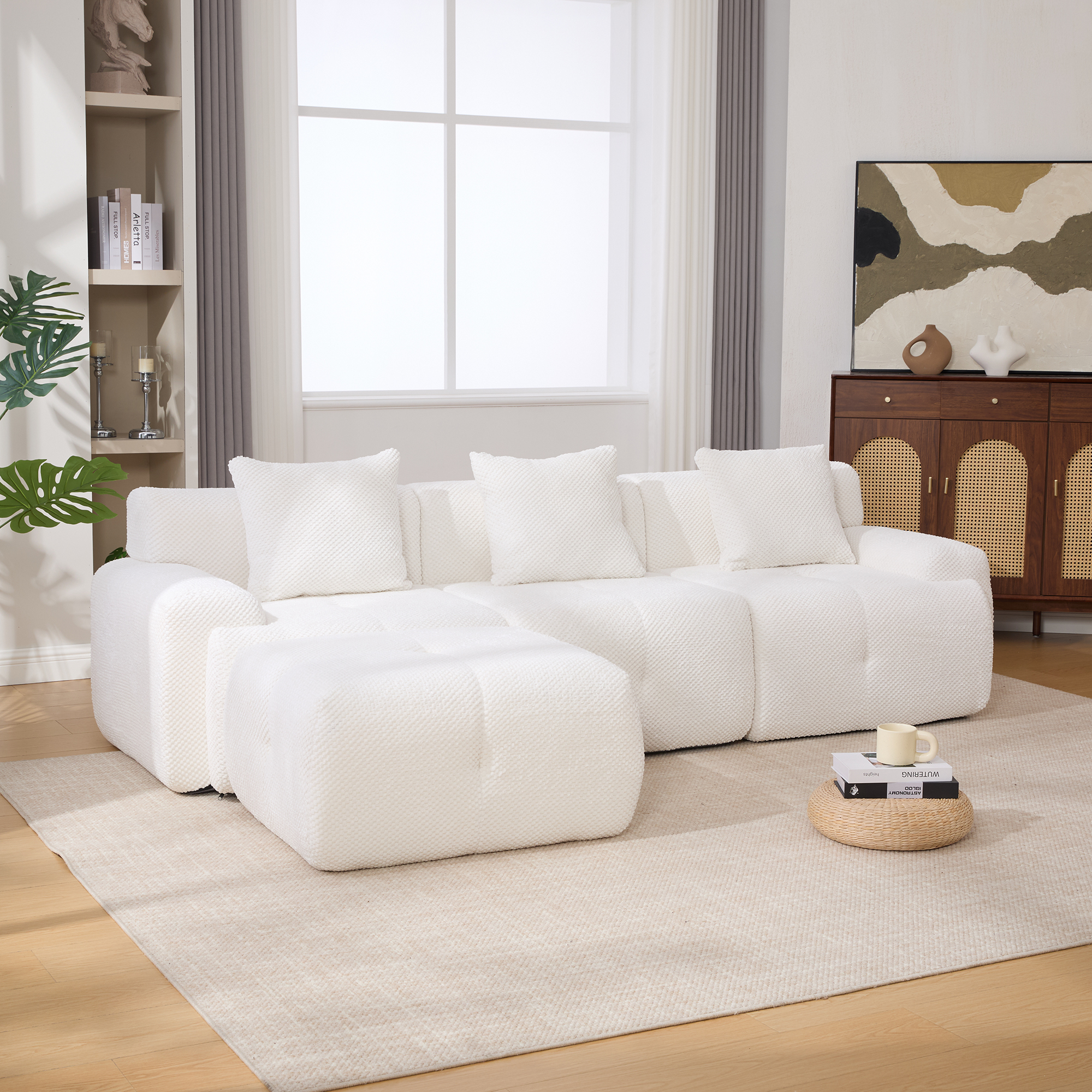 104.3" 4-Piece L Shaped Upholstered Modular Sectional Sofa, Oversized 3-Seater Boneless Convertible Cloud Tufted Couch Set with Deep Seat & Movable Ottoman 3 Pillows for Living Room,No Assembly, Ivory - Image 3