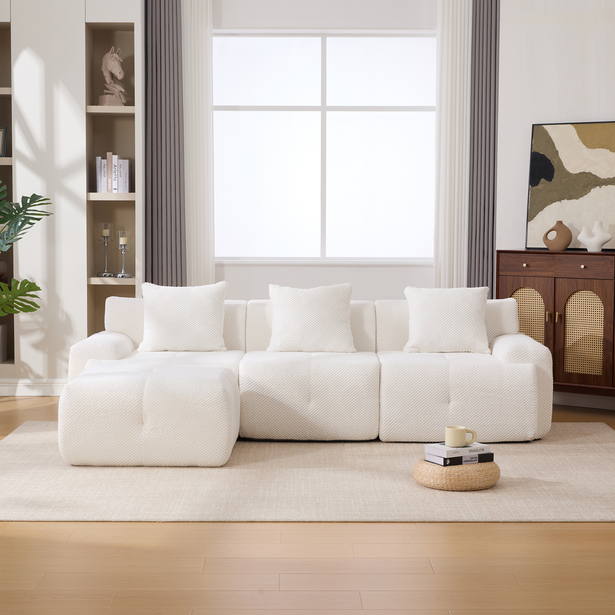 104.3" 4-Piece L Shaped Upholstered Modular Sectional Sofa, Oversized 3-Seater Boneless Convertible Cloud Tufted Couch Set with Deep Seat & Movable Ottoman 3 Pillows for Living Room,No Assembly, Ivory - Image 4