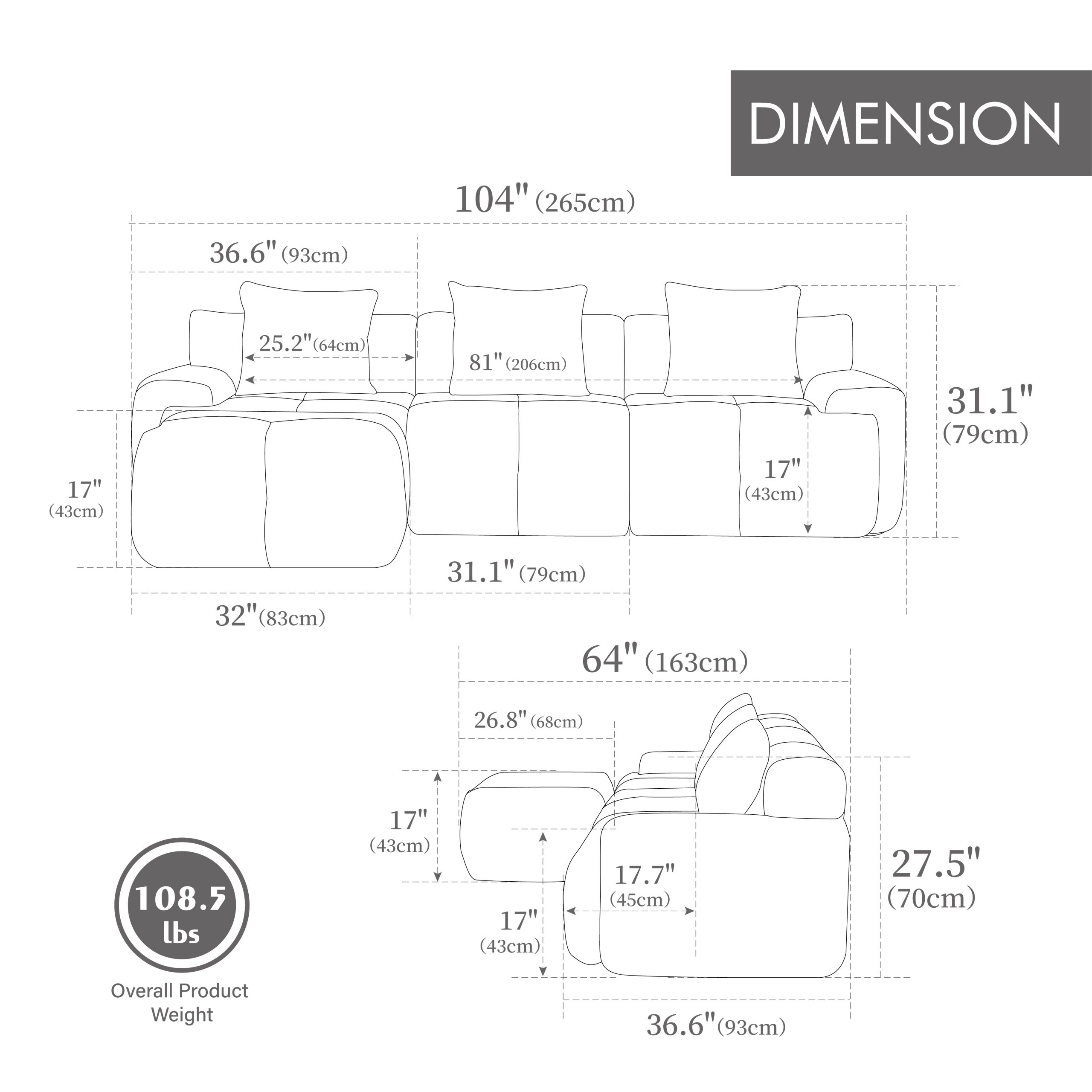 104.3" 4-Piece L Shaped Upholstered Modular Sectional Sofa, Oversized 3-Seater Boneless Convertible Cloud Tufted Couch Set with Deep Seat & Movable Ottoman 3 Pillows for Living Room,No Assem, Charcoal - Image 5