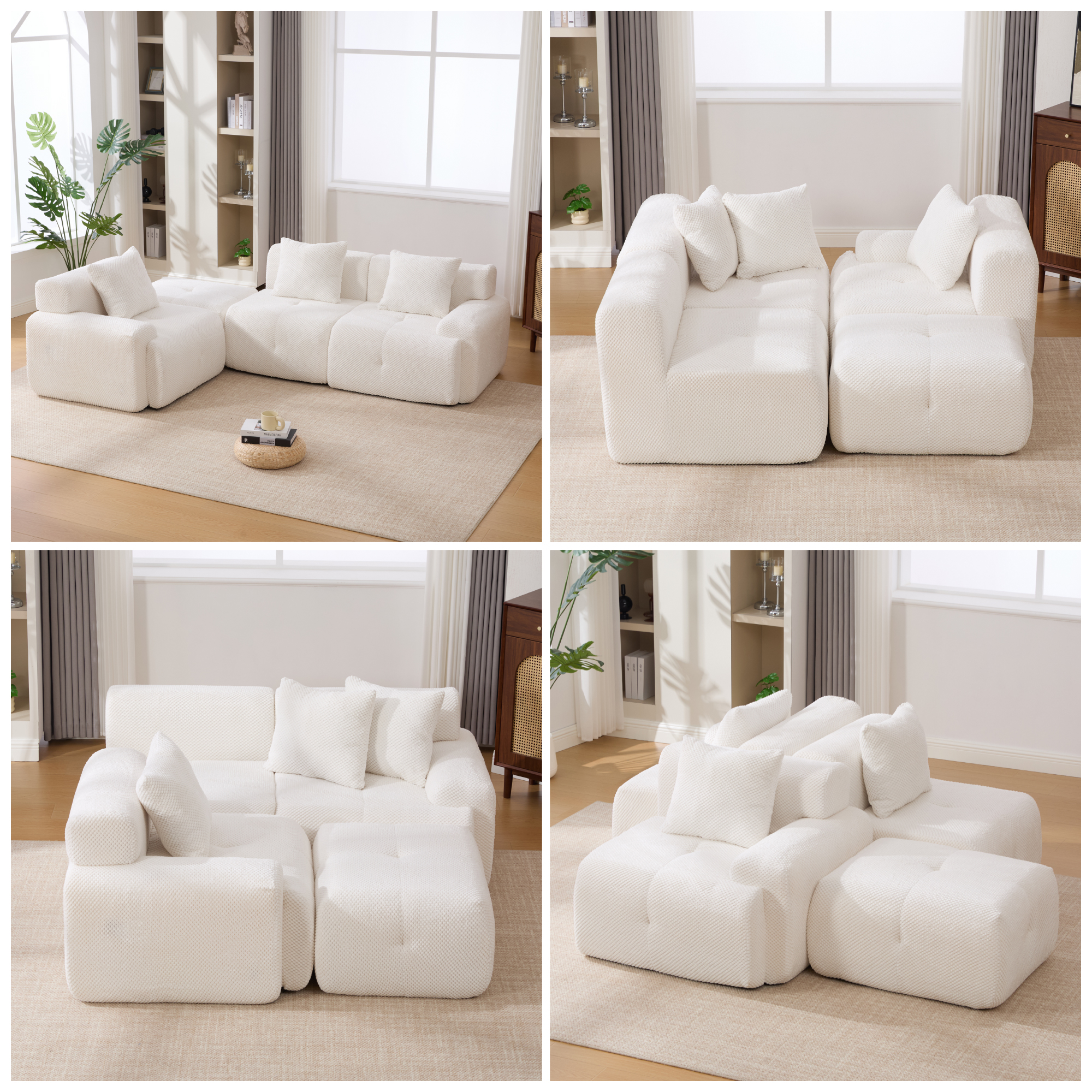 104.3" 4-Piece L Shaped Upholstered Modular Sectional Sofa, Oversized 3-Seater Boneless Convertible Cloud Tufted Couch Set with Deep Seat & Movable Ottoman 3 Pillows for Living Room,No Assembly, Ivory - Image 6