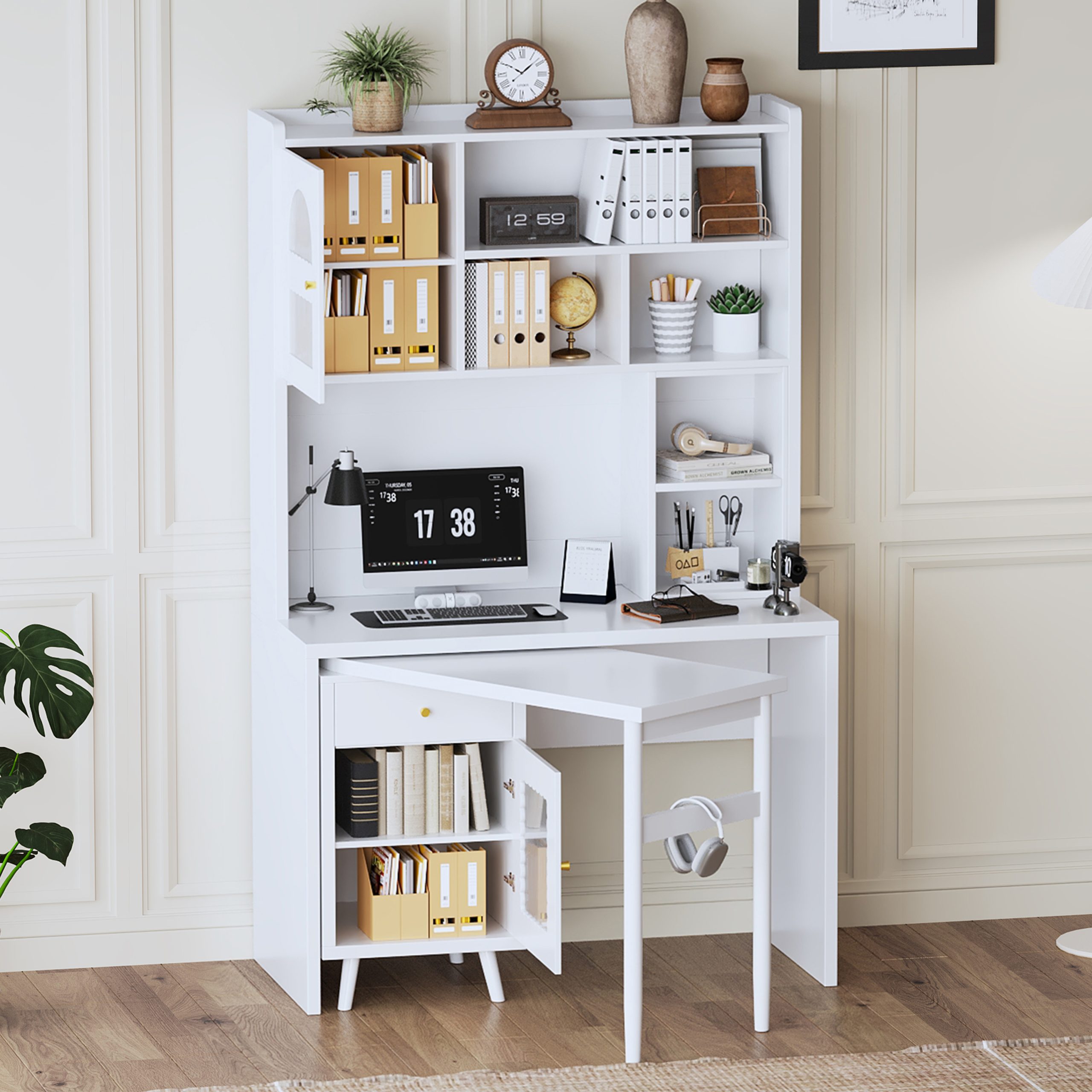 Computer Desk with 90 Degree Rotating Desktop, 43x70 Inch Office Desk with Storage Drawer and Cabinets, Gaming Desk with Shelves, Writing Desk for Study, Work Desk for Home (Old SKU:N733P279101K) - Image 4