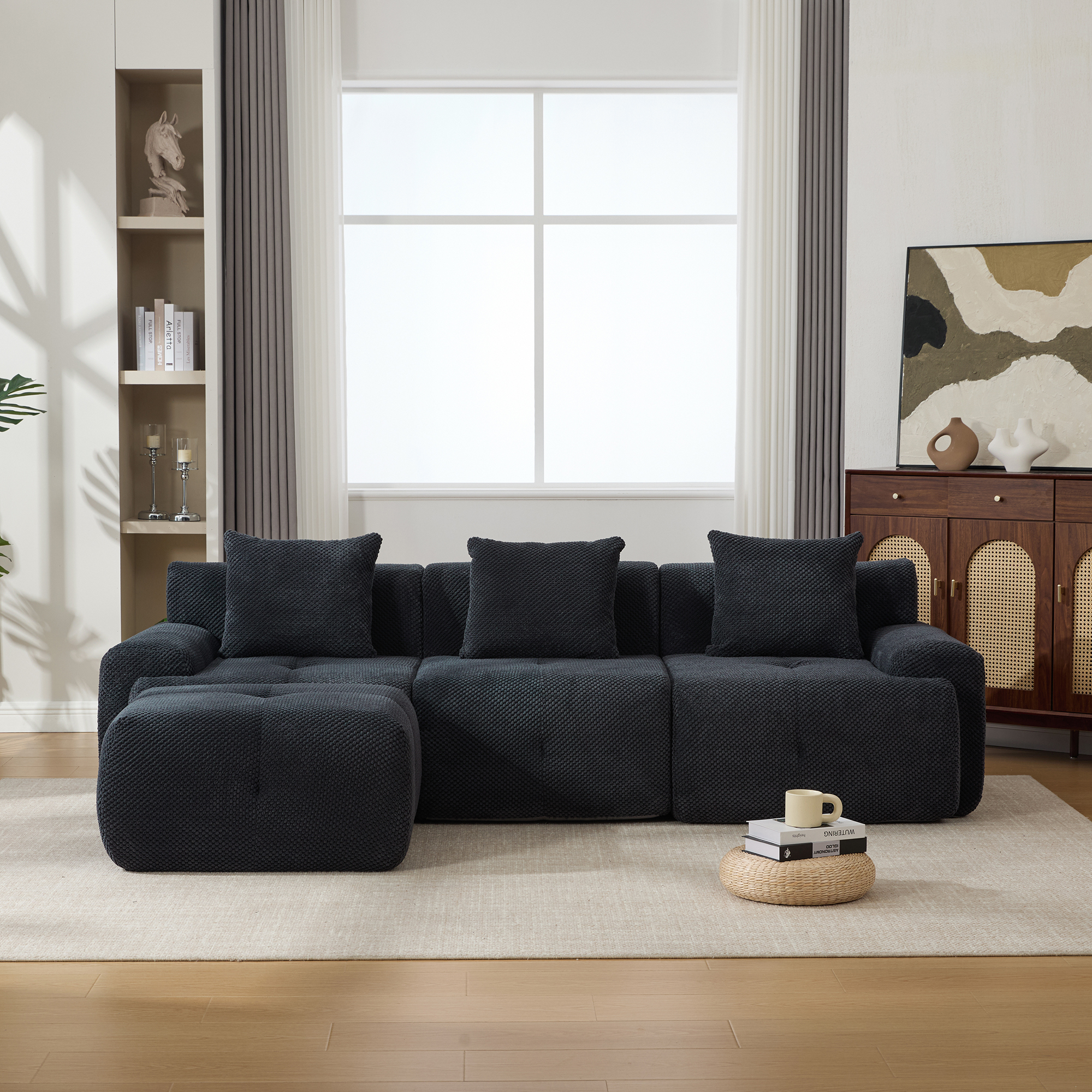 104.3" 4-Piece L Shaped Upholstered Modular Sectional Sofa, Oversized 3-Seater Boneless Convertible Cloud Tufted Couch Set with Deep Seat & Movable Ottoman 3 Pillows for Living Room,No Assem, Charcoal - Image 2