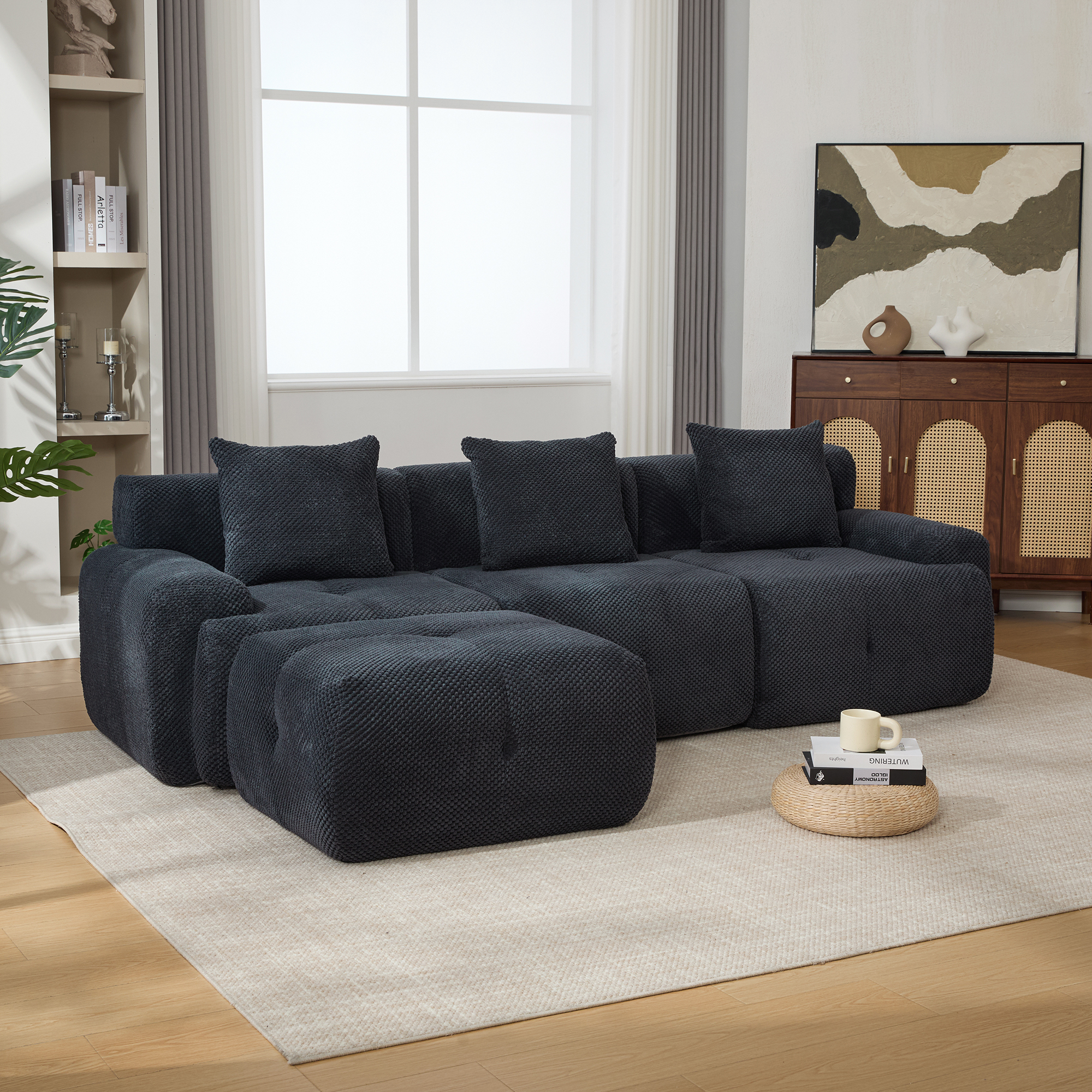 104.3" 4-Piece L Shaped Upholstered Modular Sectional Sofa, Oversized 3-Seater Boneless Convertible Cloud Tufted Couch Set with Deep Seat & Movable Ottoman 3 Pillows for Living Room,No Assem, Charcoal - Image 3