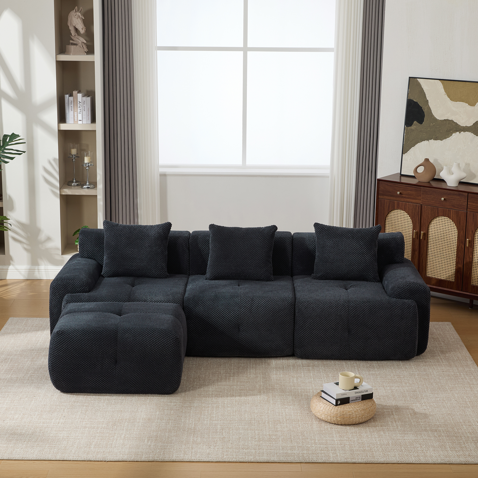 104.3" 4-Piece L Shaped Upholstered Modular Sectional Sofa, Oversized 3-Seater Boneless Convertible Cloud Tufted Couch Set with Deep Seat & Movable Ottoman 3 Pillows for Living Room,No Assem, Charcoal - Image 4