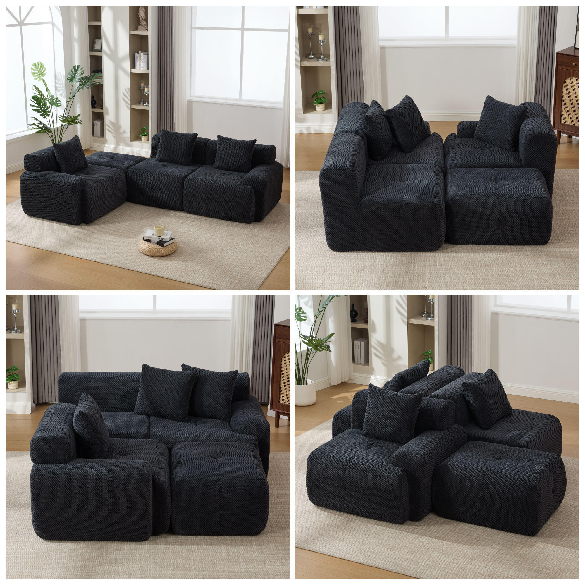 104.3" 4-Piece L Shaped Upholstered Modular Sectional Sofa, Oversized 3-Seater Boneless Convertible Cloud Tufted Couch Set with Deep Seat & Movable Ottoman 3 Pillows for Living Room,No Assem, Charcoal - Image 6