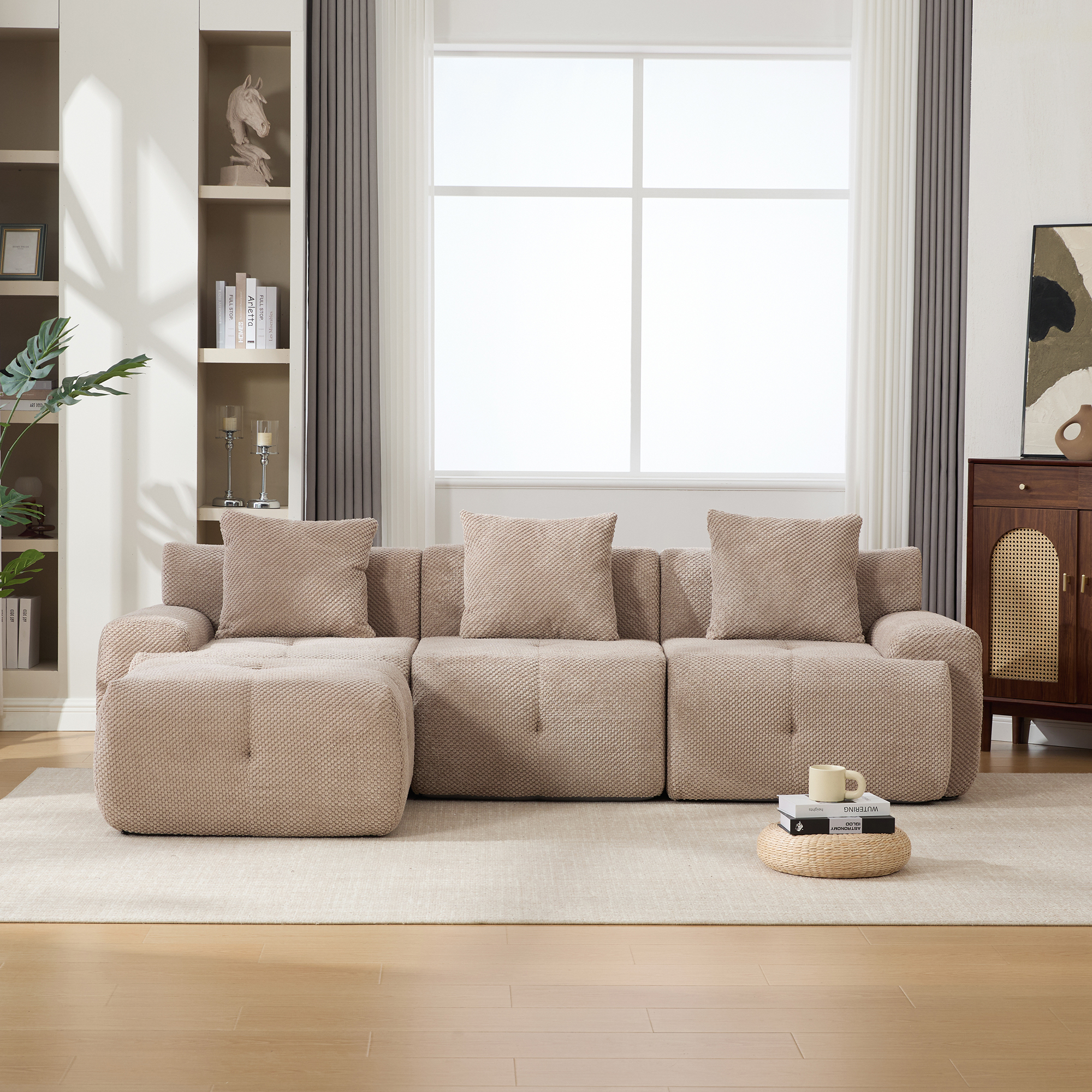 104.3" 4-Piece L Shaped Upholstered Modular Sectional Sofa, Oversized 3-Seater Boneless Convertible Cloud Tufted Couch Set with Deep Seat & Movable Ottoman 3 Pillows for Living Room,No Assembly, Taupe - Image 2