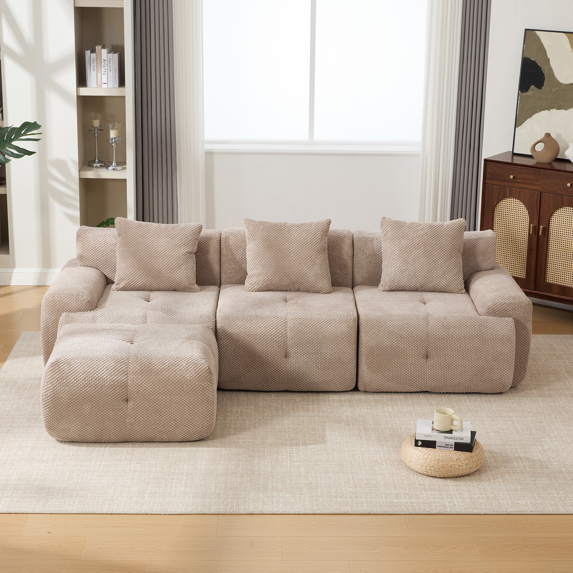 104.3" 4-Piece L Shaped Upholstered Modular Sectional Sofa, Oversized 3-Seater Boneless Convertible Cloud Tufted Couch Set with Deep Seat & Movable Ottoman 3 Pillows for Living Room,No Assembly, Taupe - Image 3