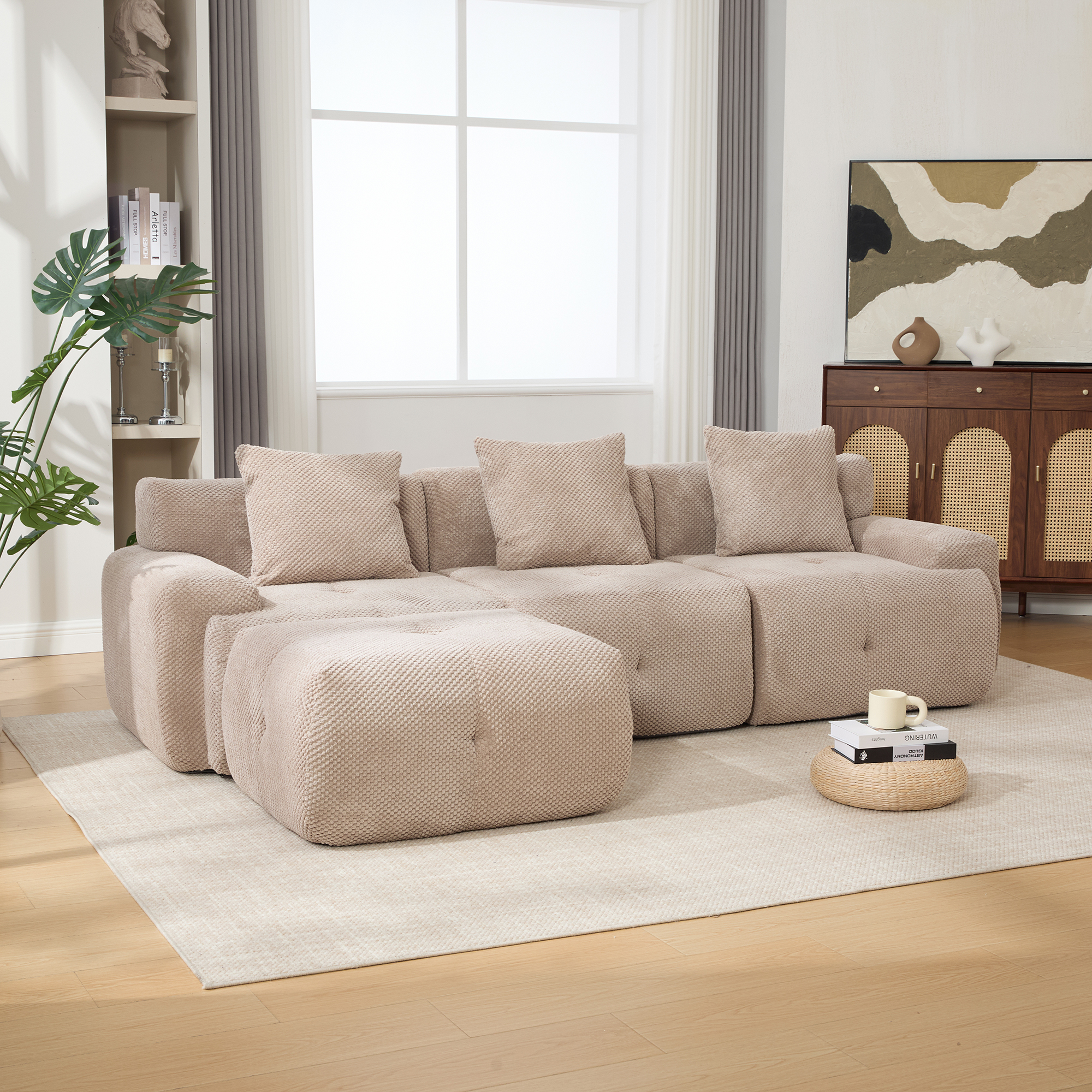 104.3" 4-Piece L Shaped Upholstered Modular Sectional Sofa, Oversized 3-Seater Boneless Convertible Cloud Tufted Couch Set with Deep Seat & Movable Ottoman 3 Pillows for Living Room,No Assembly, Taupe - Image 4