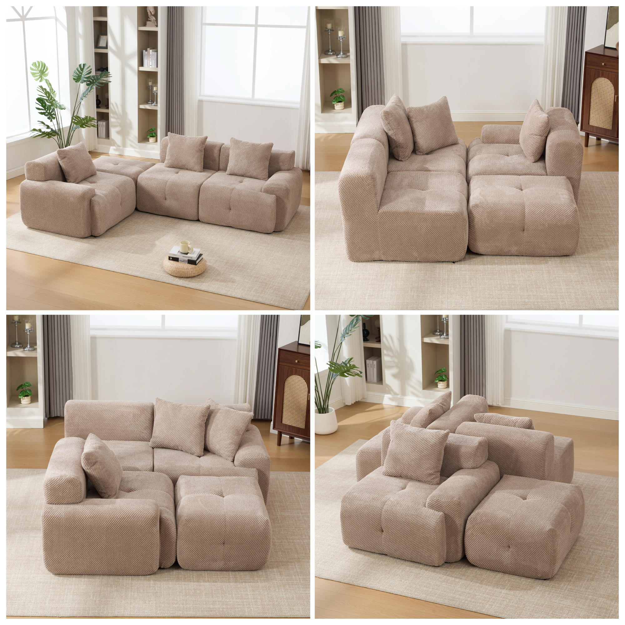 104.3" 4-Piece L Shaped Upholstered Modular Sectional Sofa, Oversized 3-Seater Boneless Convertible Cloud Tufted Couch Set with Deep Seat & Movable Ottoman 3 Pillows for Living Room,No Assembly, Taupe - Image 5