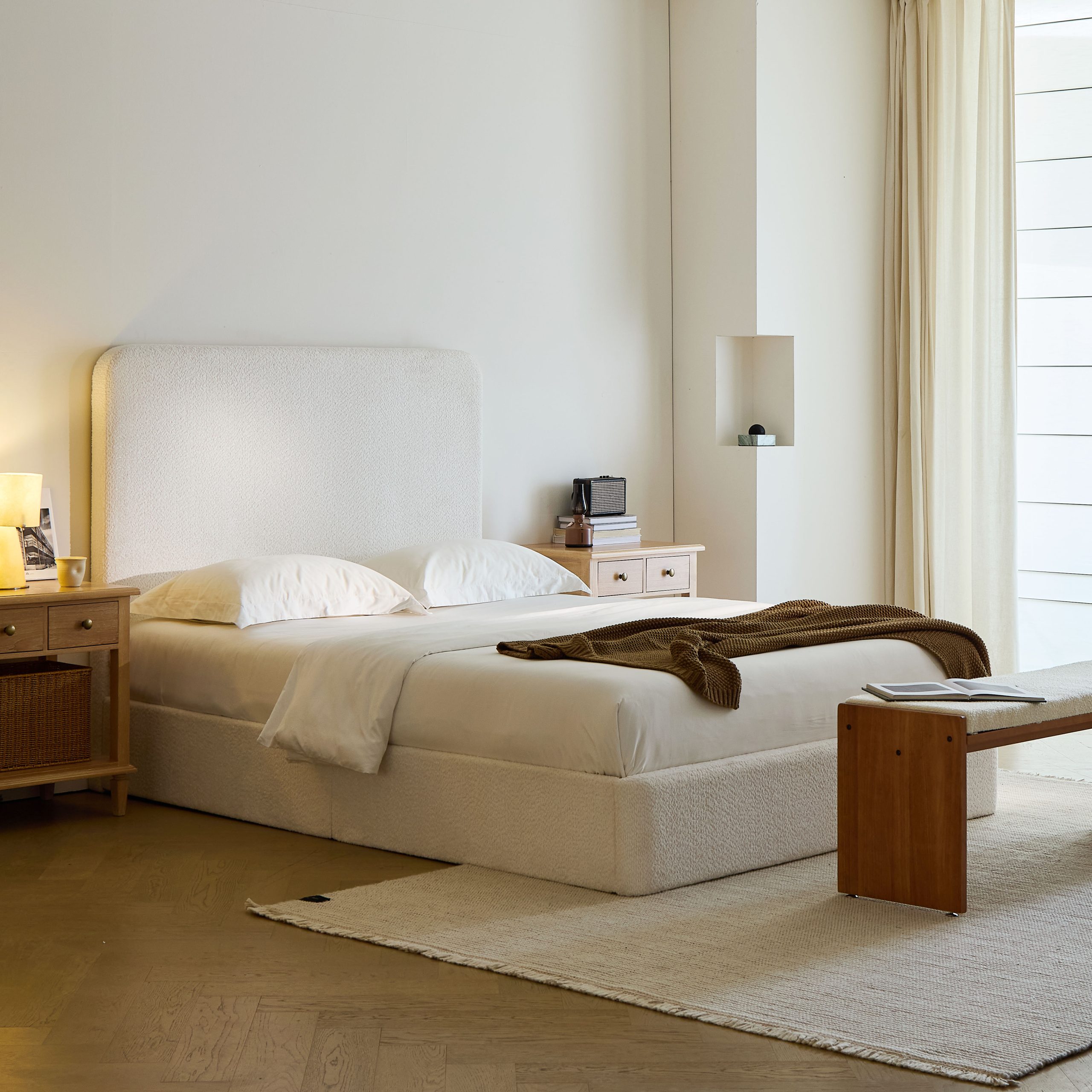 Canter Tall Headboard Upholstered Bed / 52" High Headboard / Elegant Simplicity / No Box Spring Needed / Easy Assembly / King / Pearl White Chenille - Image 3