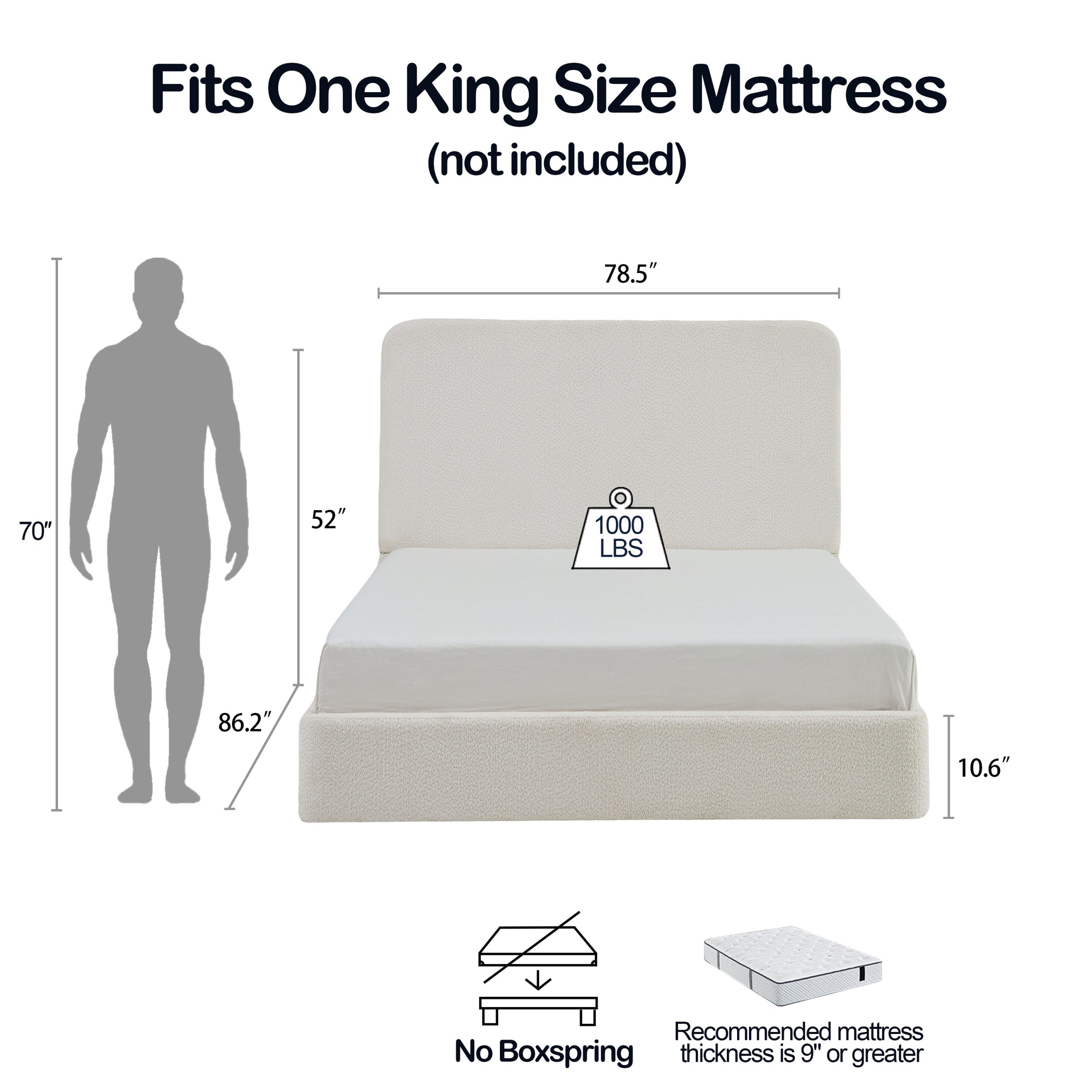 Canter Tall Headboard Upholstered Bed / 52" High Headboard / Elegant Simplicity / No Box Spring Needed / Easy Assembly / King / Pearl White Chenille - Image 6