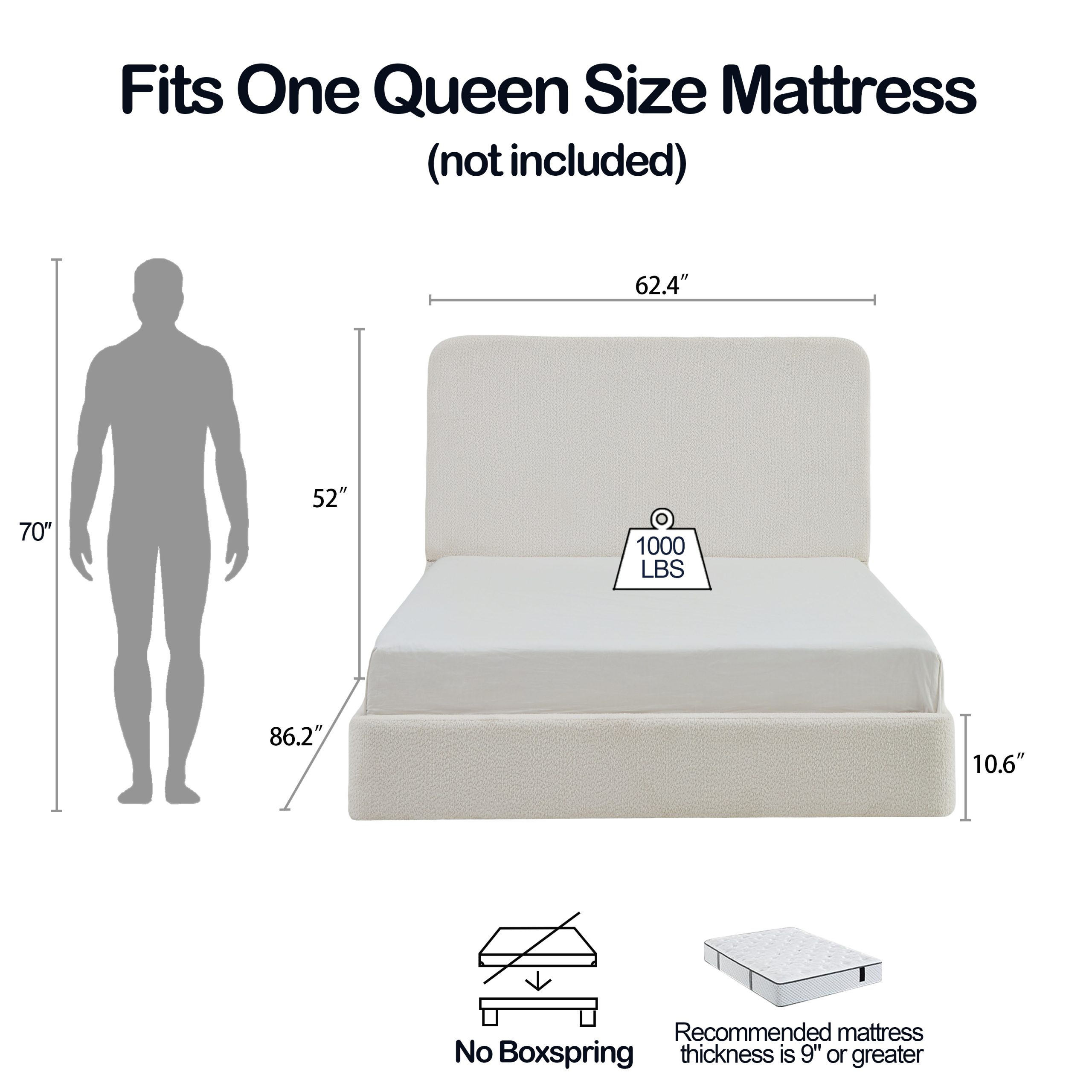 Canter Tall Headboard Upholstered Bed / 52" High Headboard / Elegant Simplicity / No Box Spring Needed / Easy Assembly / Queen / Pearl White Chenille - Image 6