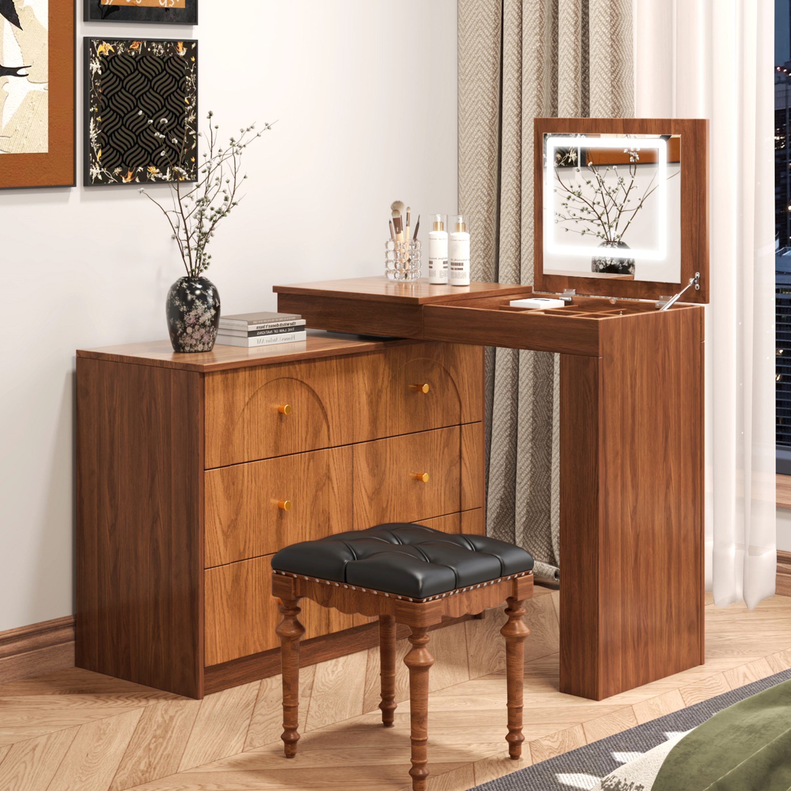 Vanity Desk with Mirror and Lights, Makeup Vanity Table with Flip-Top Tabletop and Storage 7 Drawers, 9 Compartments, 3 Shelves, 3 Color Modes Adjustable Makeup Table for Bedroom, Walnut (N733P279096) - Image 2