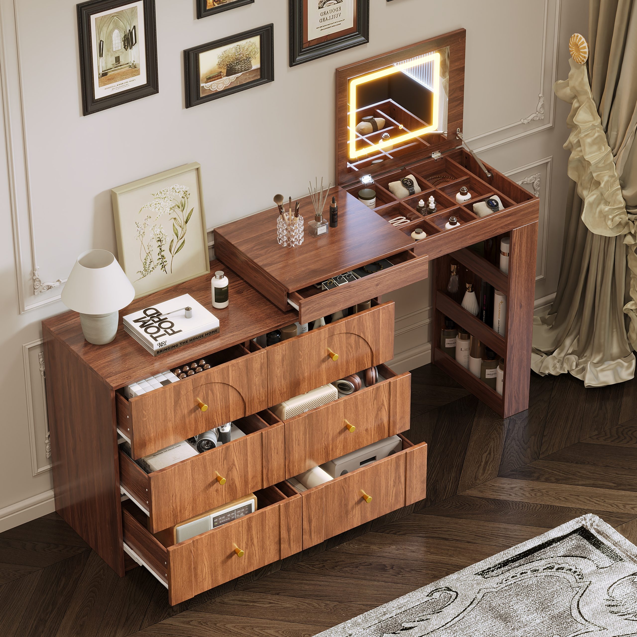 Vanity Desk with Mirror and Lights, Makeup Vanity Table with Flip-Top Tabletop and Storage 7 Drawers, 9 Compartments, 3 Shelves, 3 Color Modes Adjustable Makeup Table for Bedroom, Walnut (N733P279096) - Image 3