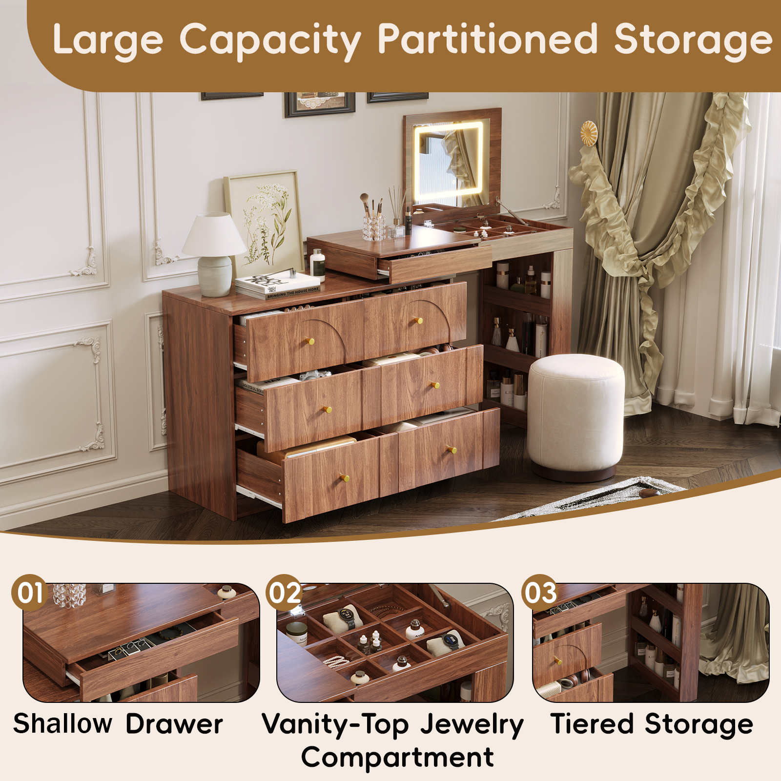 Vanity Desk with Mirror and Lights, Makeup Vanity Table with Flip-Top Tabletop and Storage 7 Drawers, 9 Compartments, 3 Shelves, 3 Color Modes Adjustable Makeup Table for Bedroom, Walnut (N733P279096) - Image 5