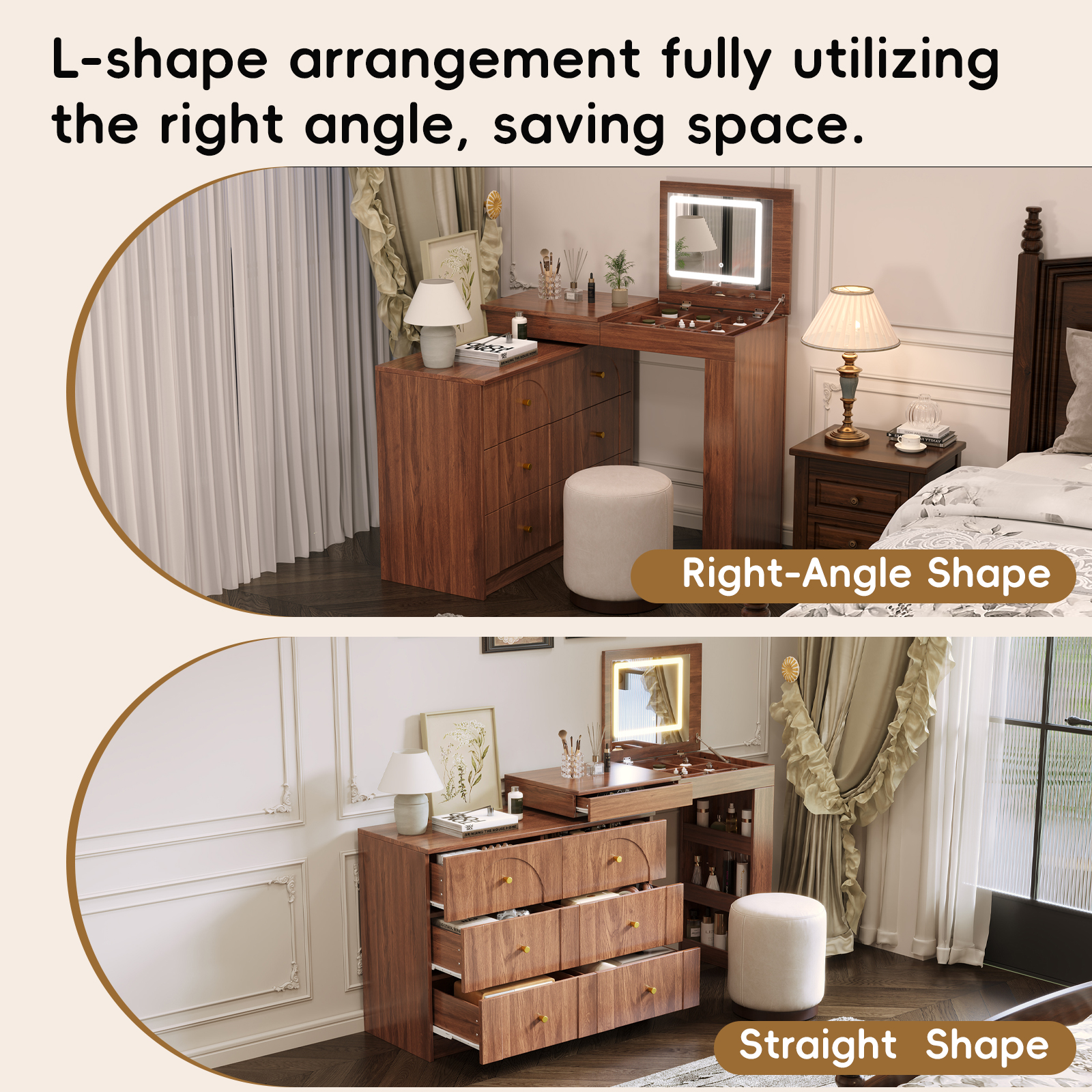 Vanity Desk with Mirror and Lights, Makeup Vanity Table with Flip-Top Tabletop and Storage 7 Drawers, 9 Compartments, 3 Shelves, 3 Color Modes Adjustable Makeup Table for Bedroom, Walnut (N733P279096) - Image 6
