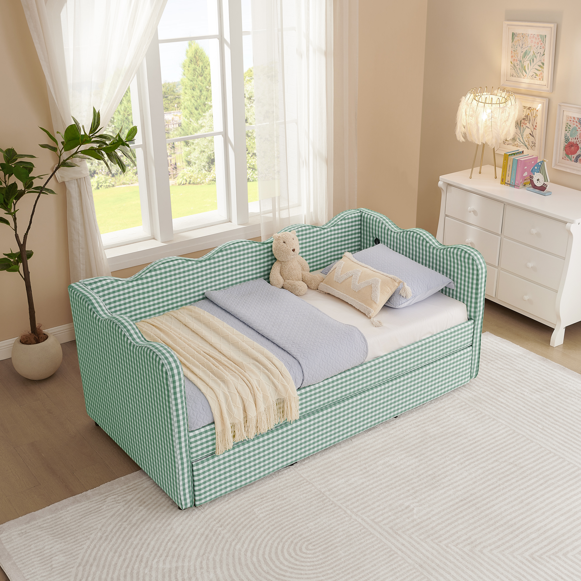 Cozy Gingham Daybed with Trundle Twin Size Sofa Bed No Box Spring Needed, with USB Port and Adorable Wave Shaped, Linen Fabric - Image 2
