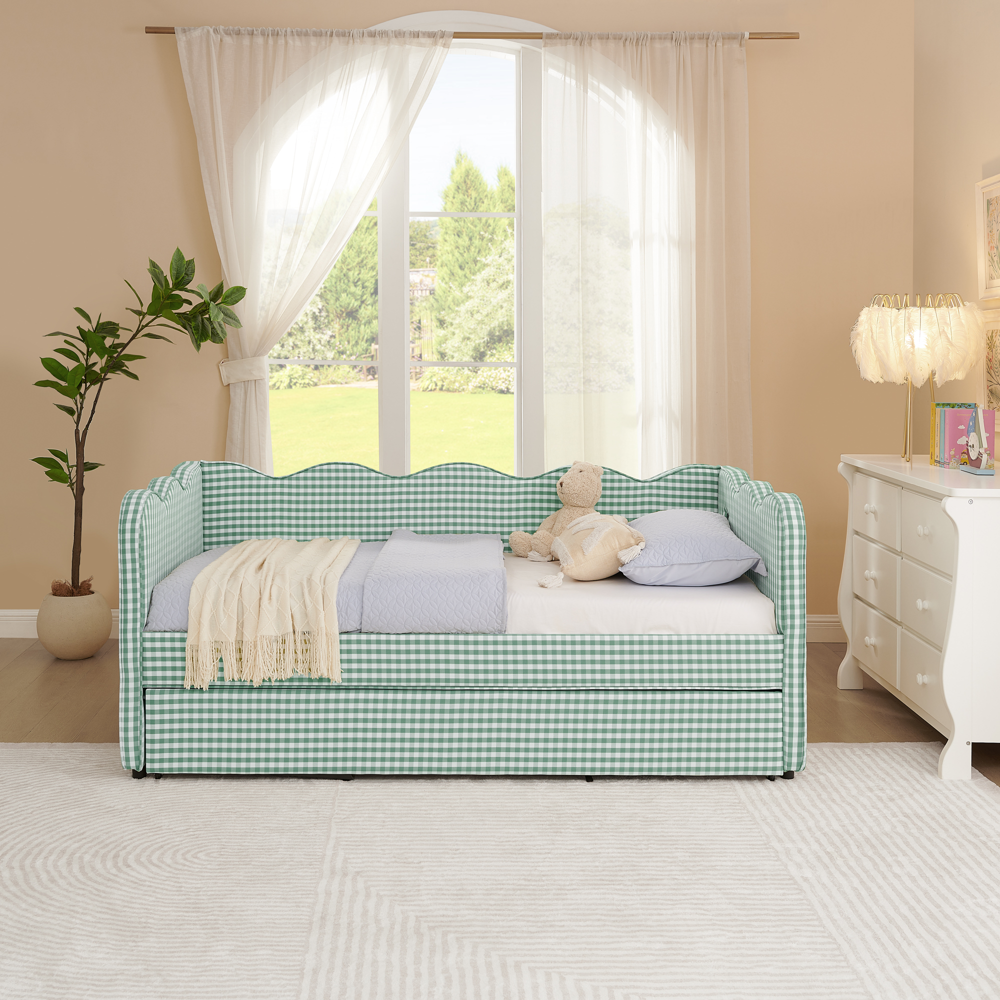 Cozy Gingham Daybed with Trundle Twin Size Sofa Bed No Box Spring Needed, with USB Port and Adorable Wave Shaped, Linen Fabric - Image 3