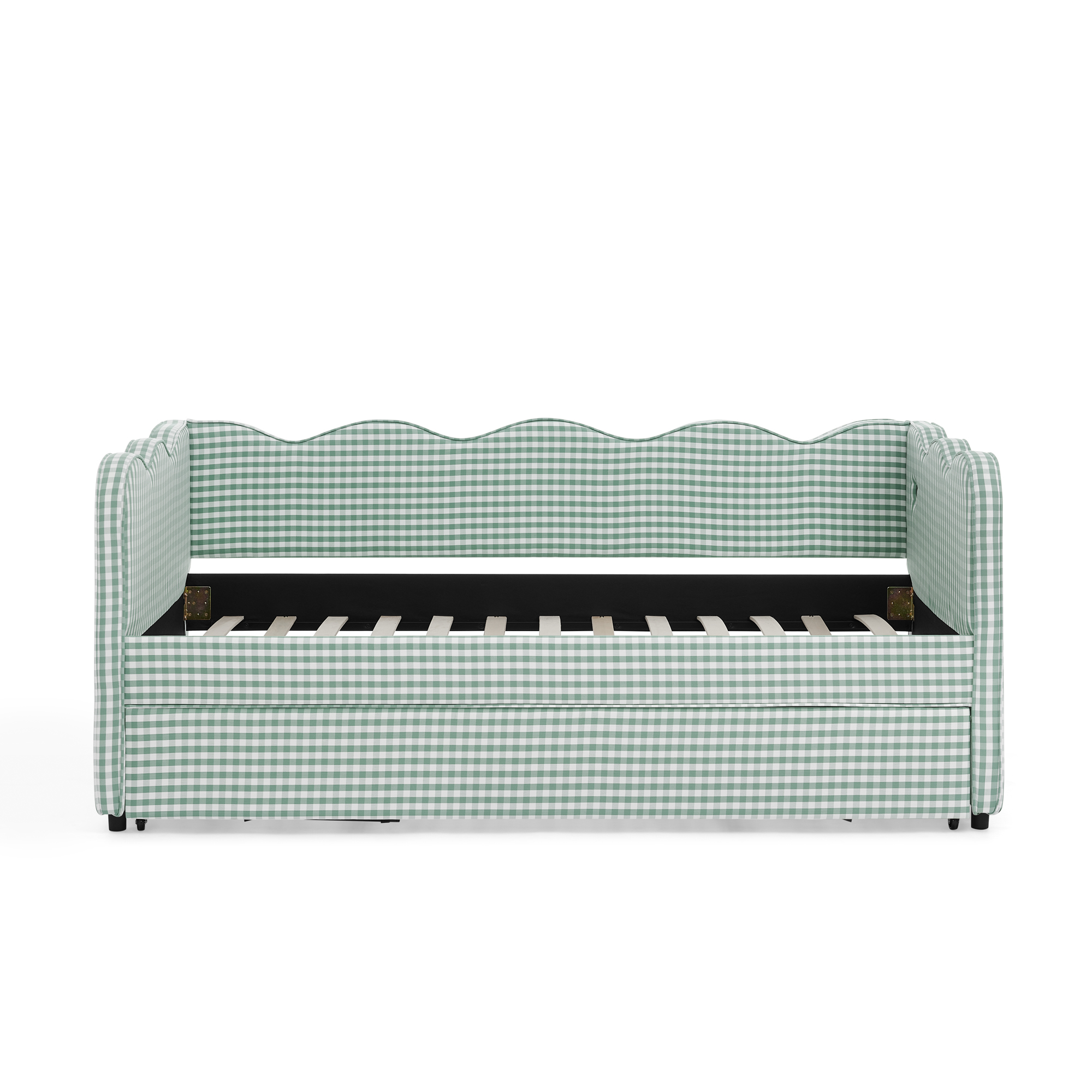 Cozy Gingham Daybed with Trundle Twin Size Sofa Bed No Box Spring Needed, with USB Port and Adorable Wave Shaped, Linen Fabric - Image 4