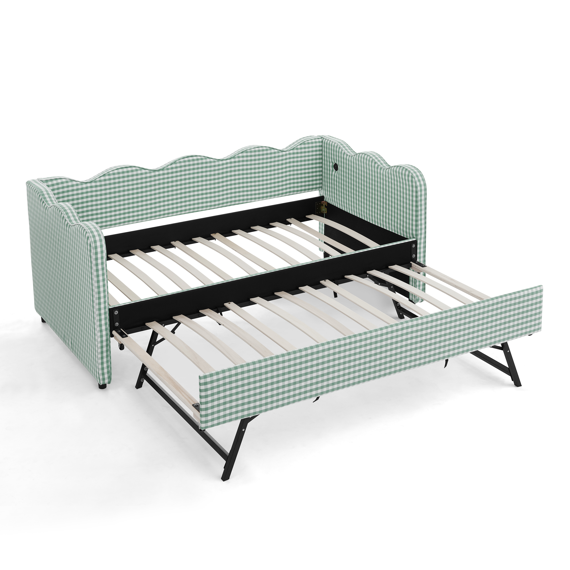 Cozy Gingham Daybed with Trundle Twin Size Sofa Bed No Box Spring Needed, with USB Port and Adorable Wave Shaped, Linen Fabric - Image 5