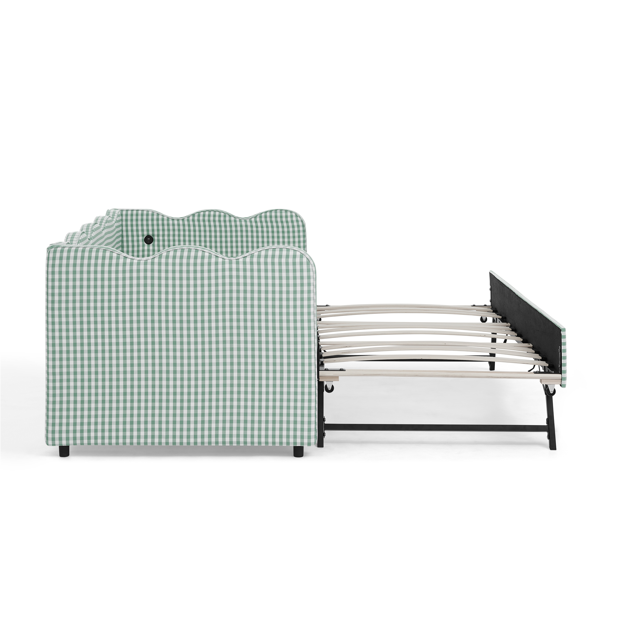 Cozy Gingham Daybed with Trundle Twin Size Sofa Bed No Box Spring Needed, with USB Port and Adorable Wave Shaped, Linen Fabric - Image 6