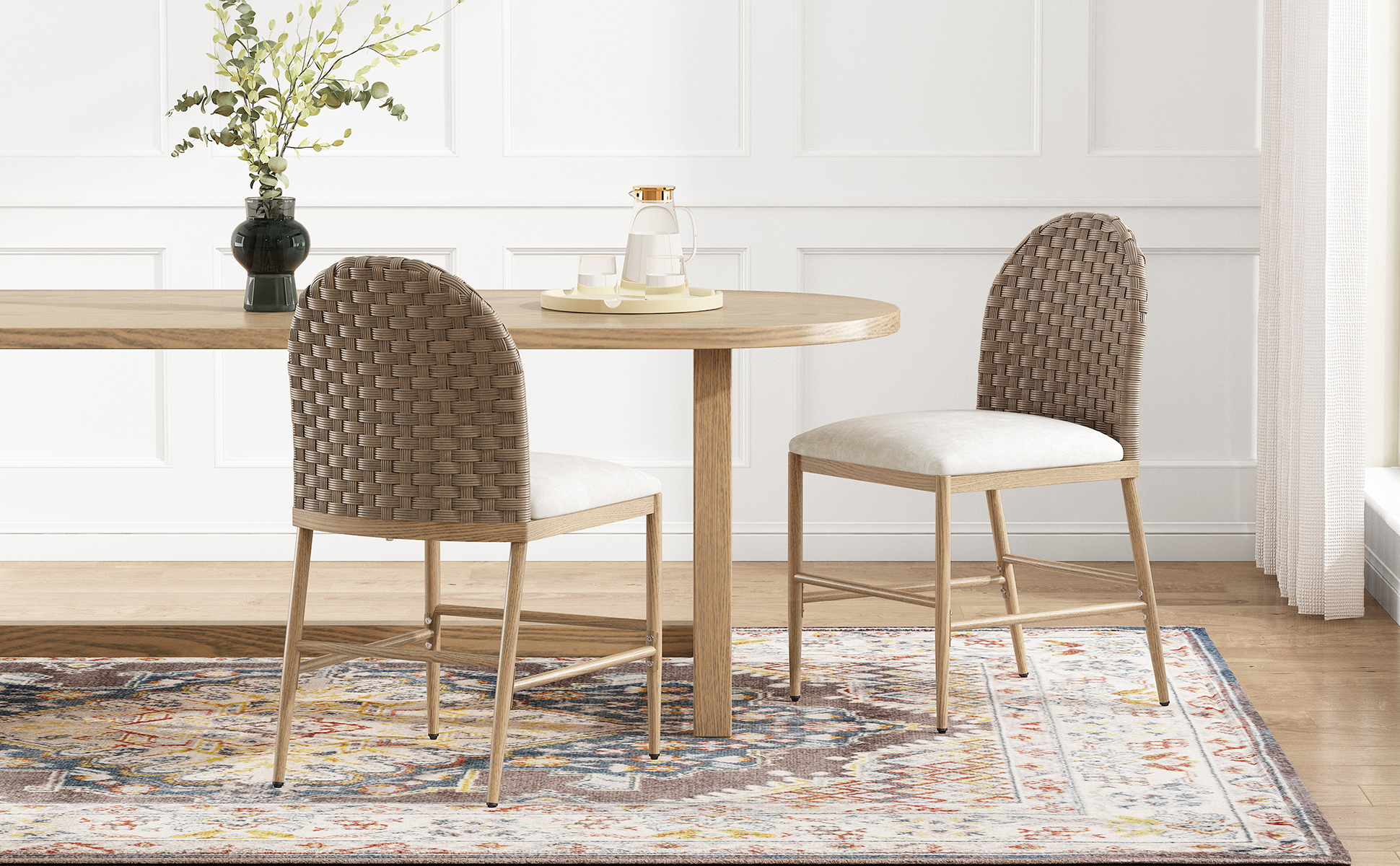 Farmhouse Dining Chairs Set of 2, Upholstered Kitchen Chairs Armless Iron Side Chair with rattan Backrest for Dining Room ,Restaurant,Brown - Image 2