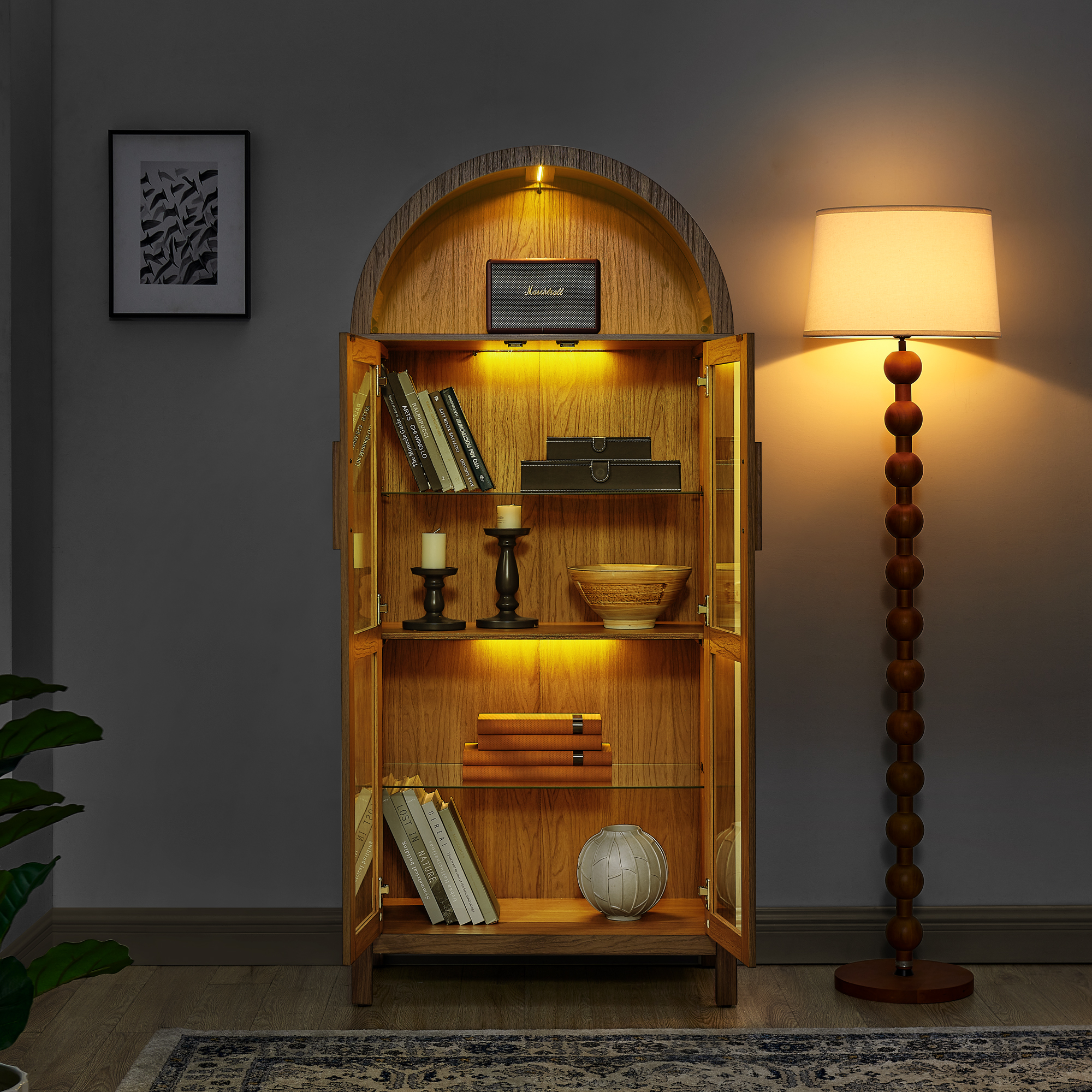 A high arched storage cabinet with a lamp, a modern retro-style wooden storage cabinet with adjustable glass partitions, suitable for use as a multi-functional cabinet in kitchens-Brown - Image 2