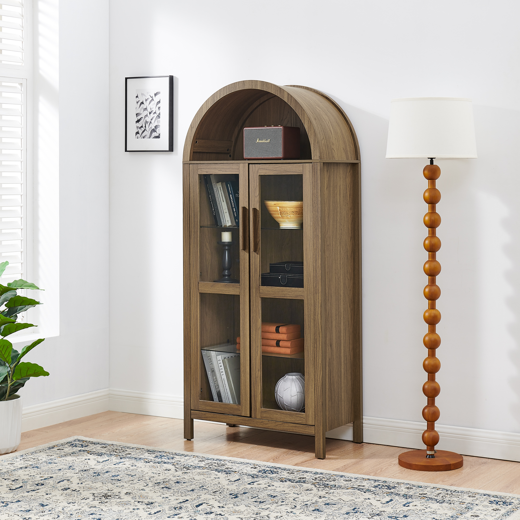 A high arched storage cabinet with a lamp, a modern retro-style wooden storage cabinet with adjustable glass partitions, suitable for use as a multi-functional cabinet in kitchens-Brown - Image 3