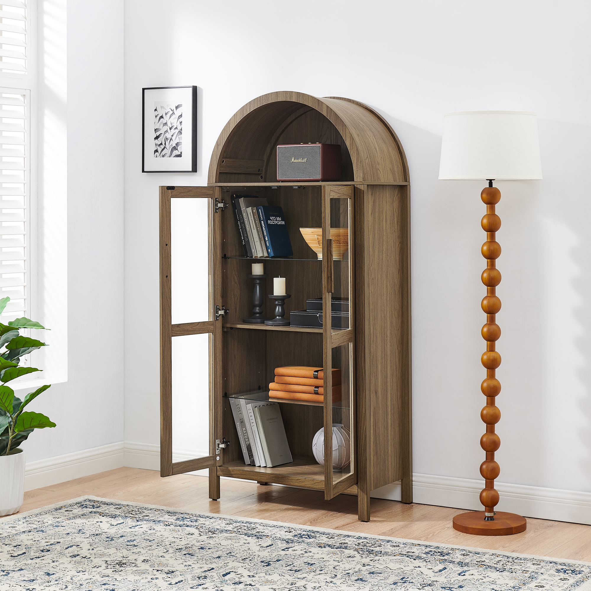 A high arched storage cabinet with a lamp, a modern retro-style wooden storage cabinet with adjustable glass partitions, suitable for use as a multi-functional cabinet in kitchens-Brown - Image 4
