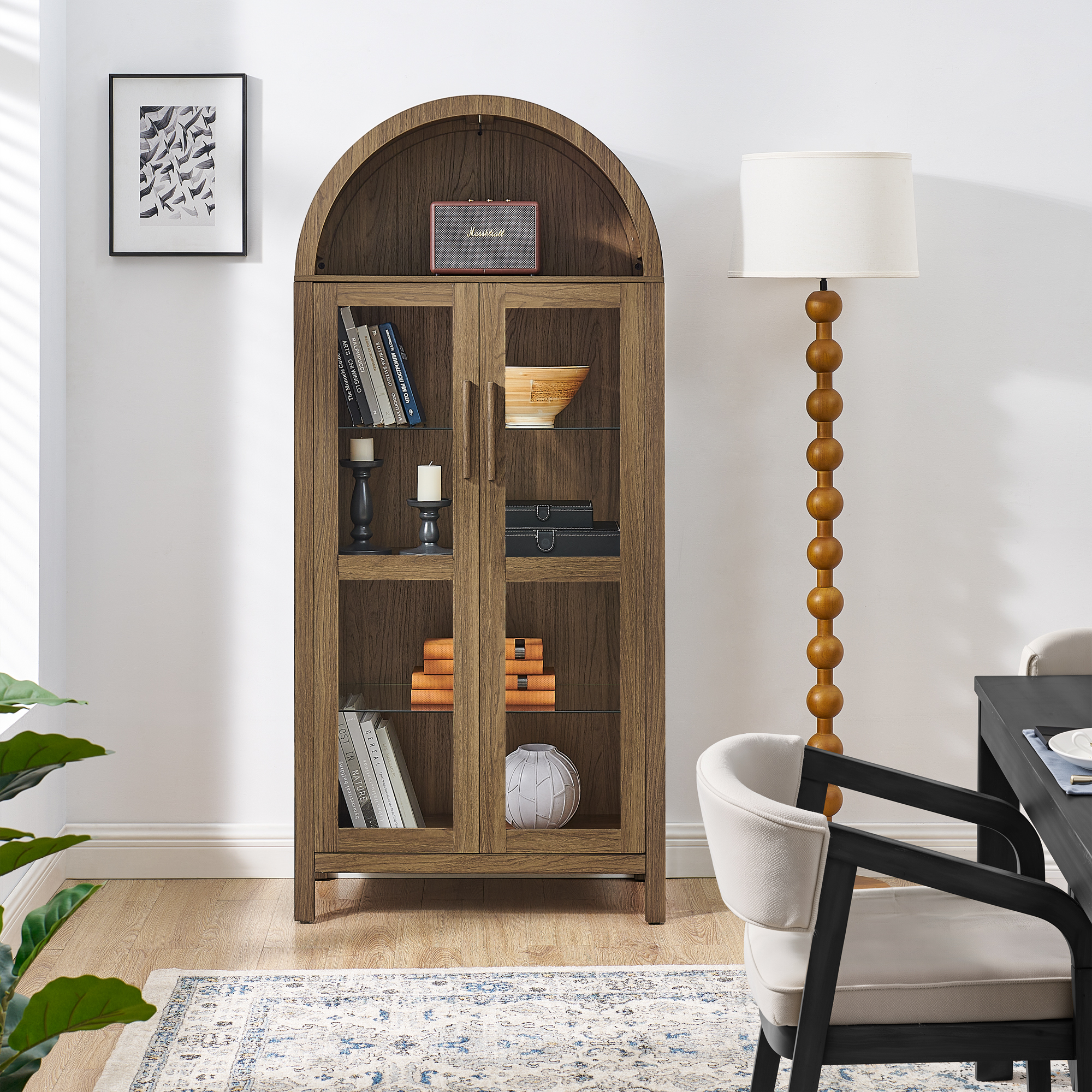 A high arched storage cabinet with a lamp, a modern retro-style wooden storage cabinet with adjustable glass partitions, suitable for use as a multi-functional cabinet in kitchens-Brown - Image 5