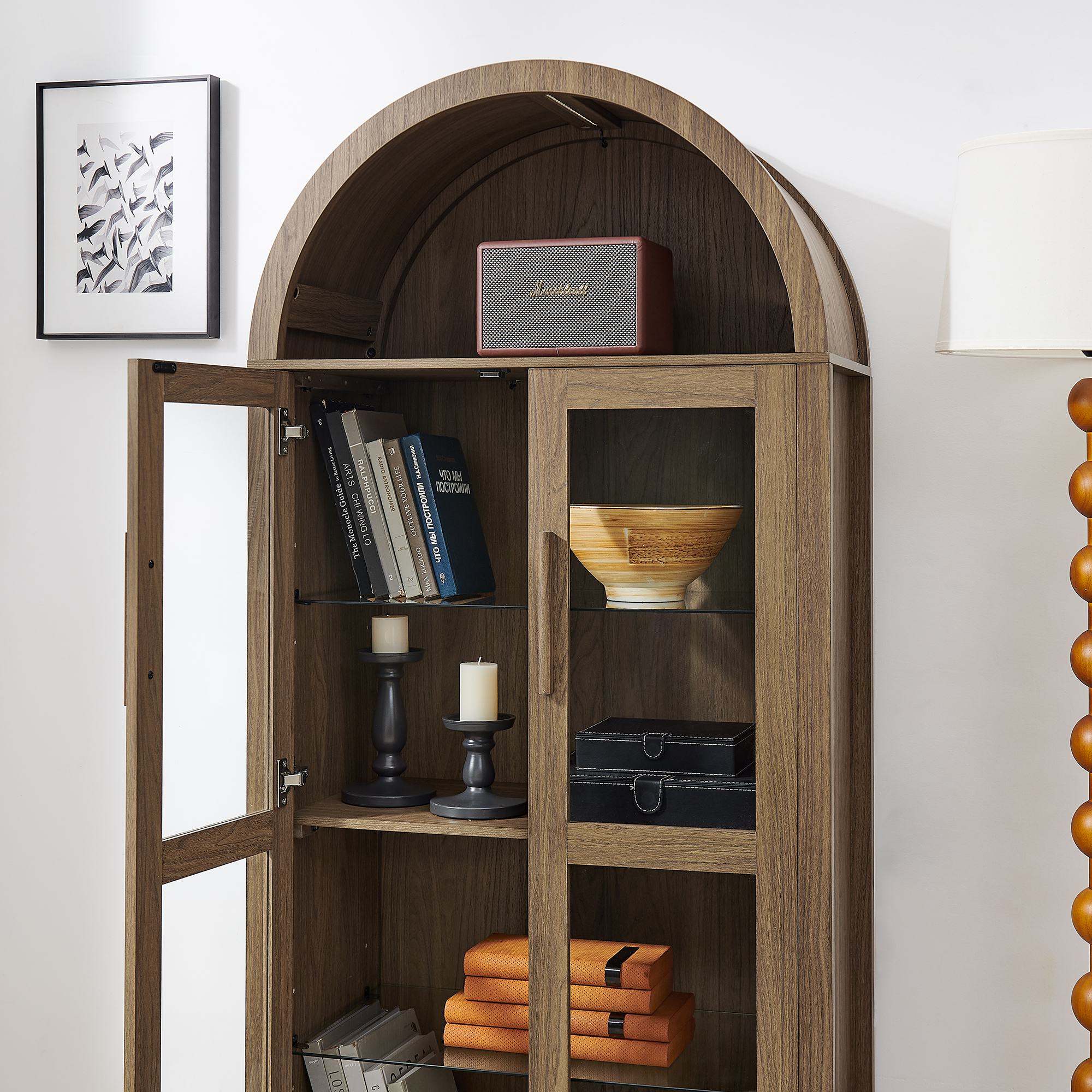 A high arched storage cabinet with a lamp, a modern retro-style wooden storage cabinet with adjustable glass partitions, suitable for use as a multi-functional cabinet in kitchens-Brown - Image 6