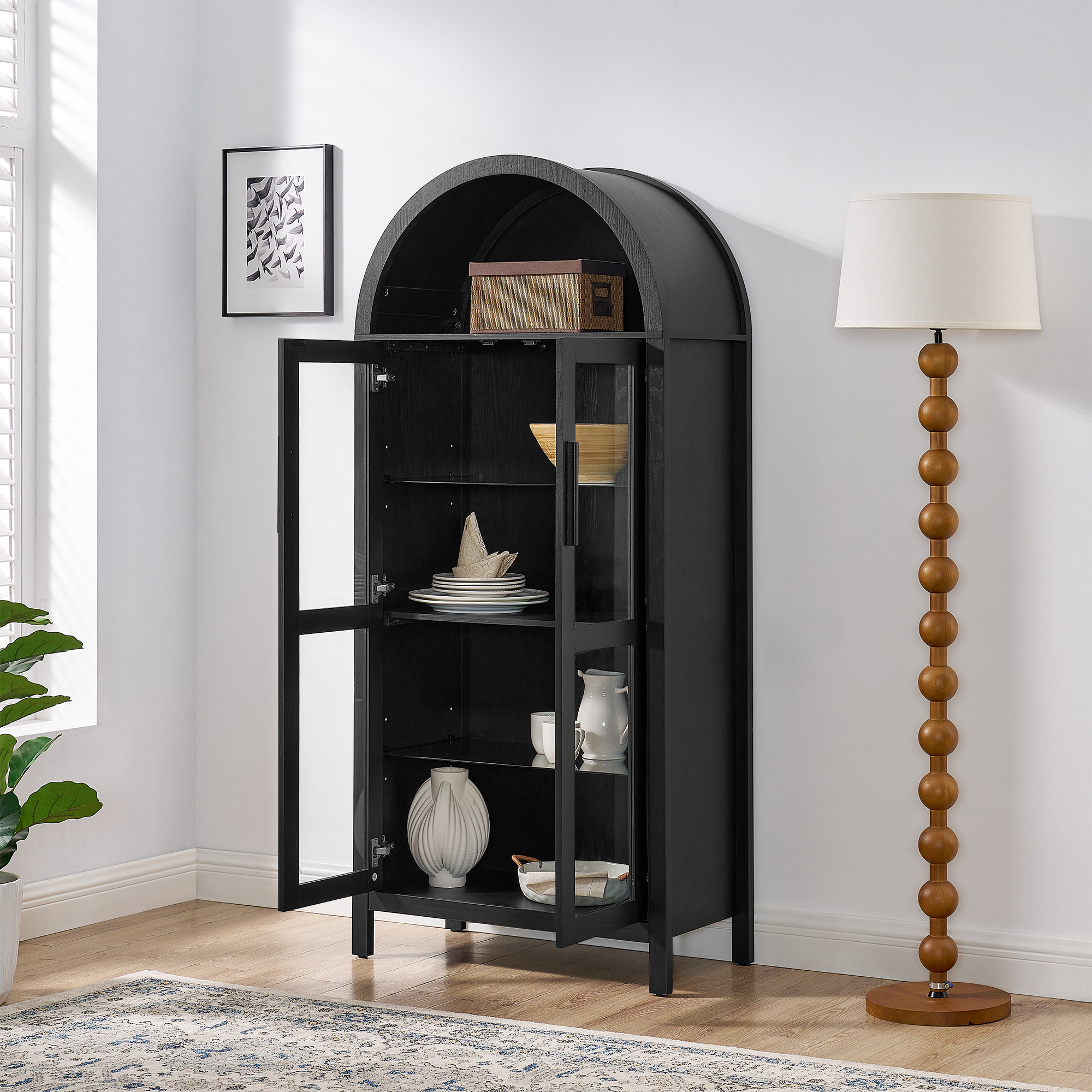 A high arched storage cabinet with a lamp, a modern retro-style wooden storage cabinet with adjustable glass partitions, suitable for use as a multi-functional cabinet in kitchens-Black - Image 4