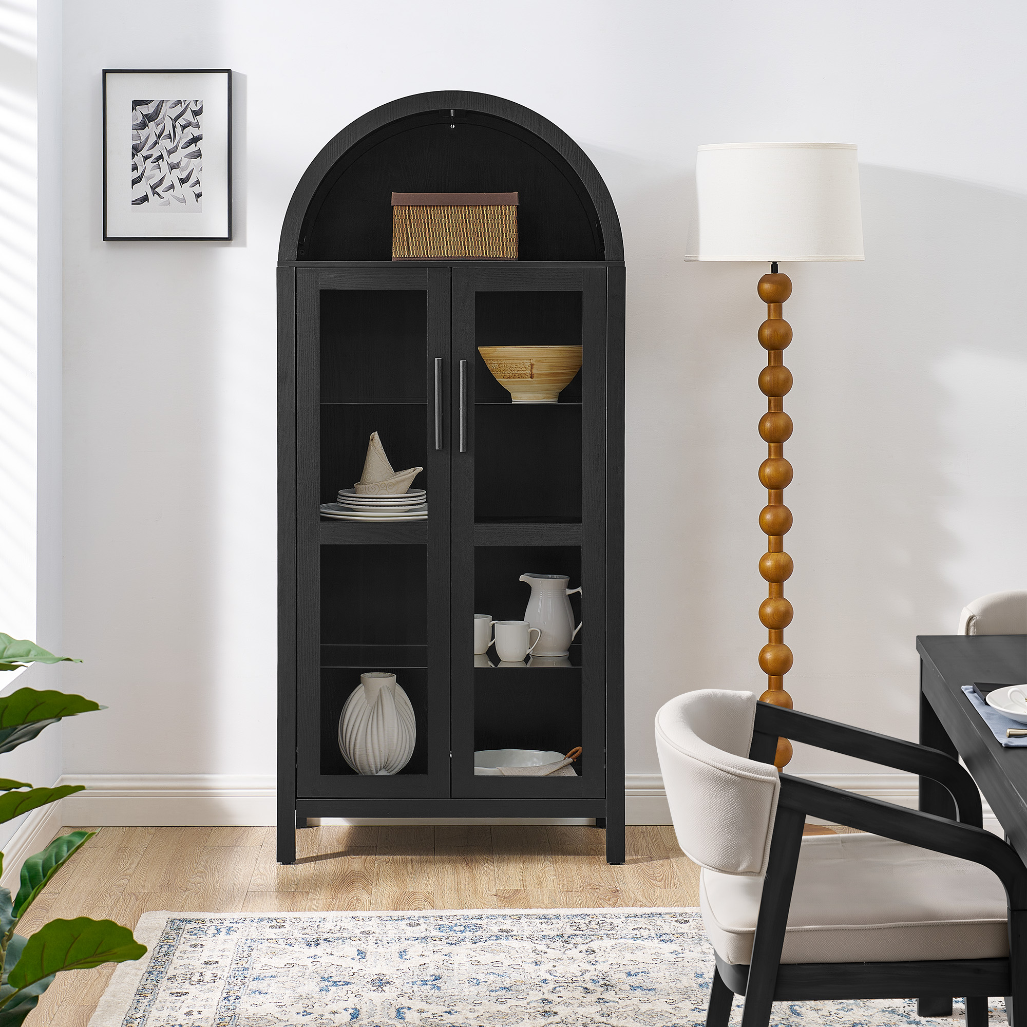 A high arched storage cabinet with a lamp, a modern retro-style wooden storage cabinet with adjustable glass partitions, suitable for use as a multi-functional cabinet in kitchens-Black - Image 5