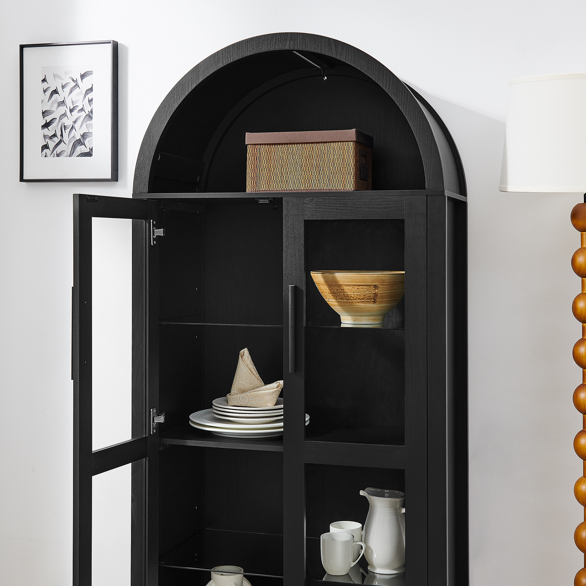 A high arched storage cabinet with a lamp, a modern retro-style wooden storage cabinet with adjustable glass partitions, suitable for use as a multi-functional cabinet in kitchens-Black - Image 6