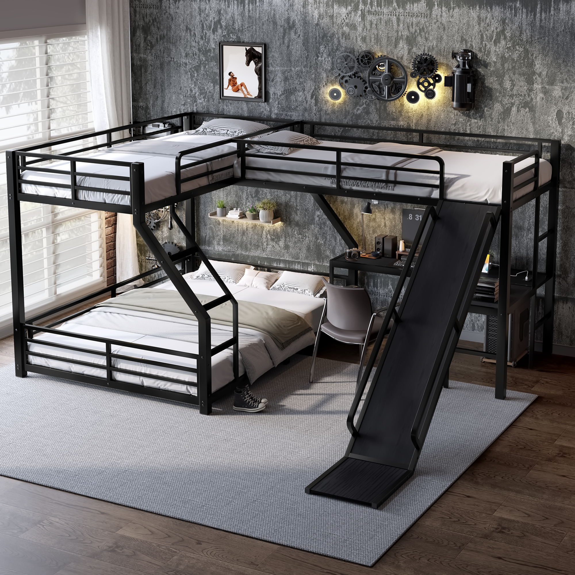 L-Shaped Twin XL over Queen Bunk Bed with Twin Size Loft Bed, Metal Triple Bunk Bed with Slide and USB Ports, Space-saving and Noise-free Design, Black - Image 2