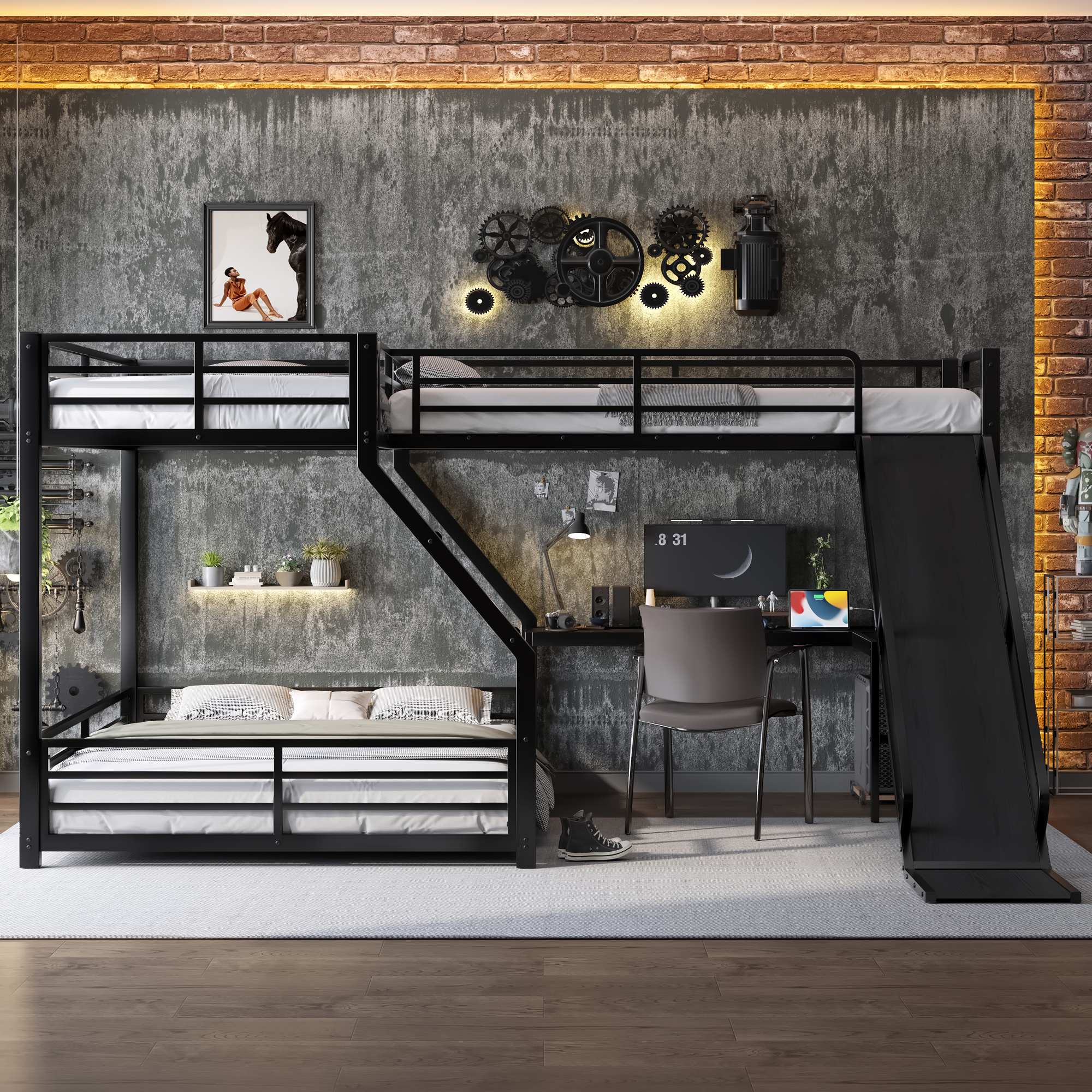 L-Shaped Twin XL over Queen Bunk Bed with Twin Size Loft Bed, Metal Triple Bunk Bed with Slide and USB Ports, Space-saving and Noise-free Design, Black - Image 3