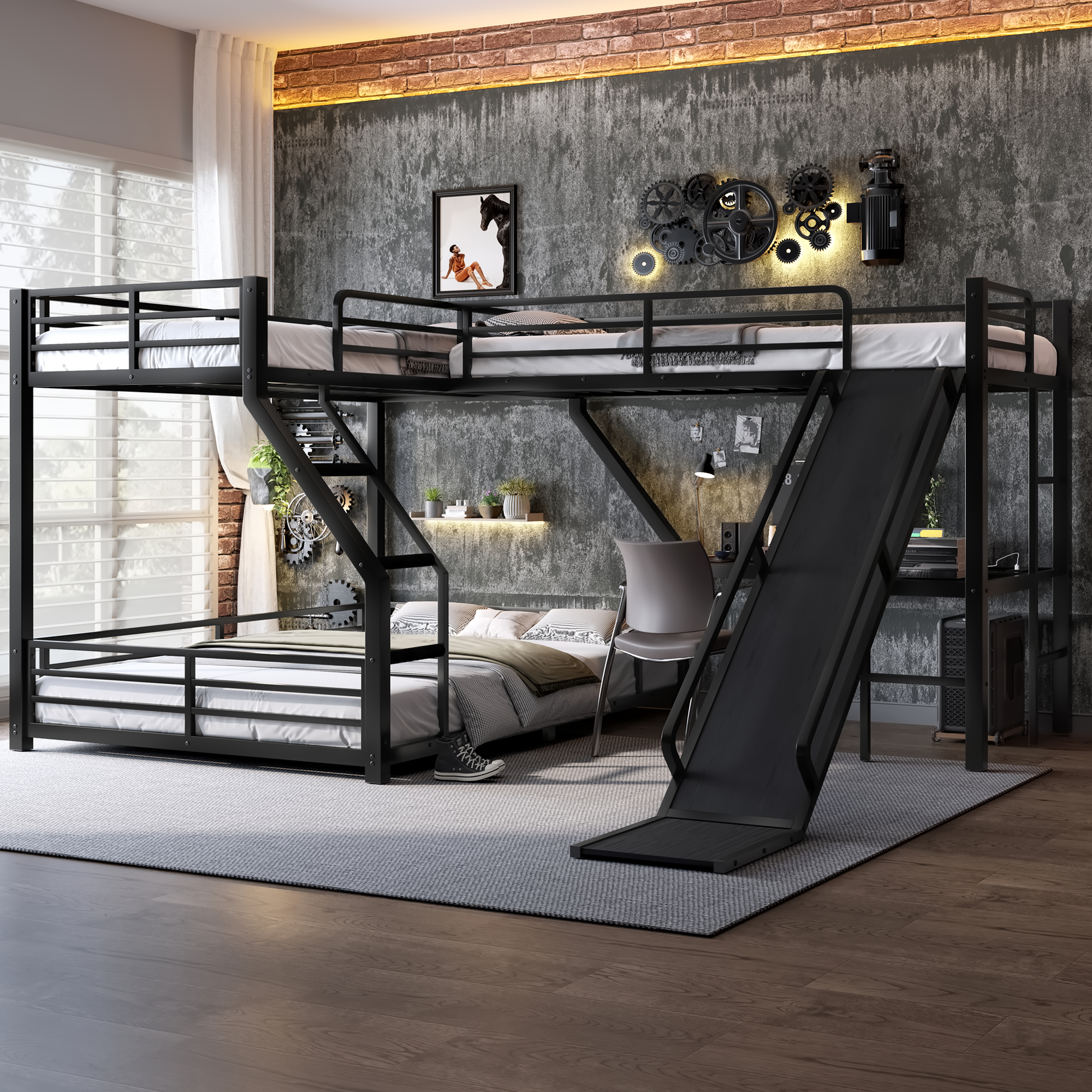 L-Shaped Twin XL over Queen Bunk Bed with Twin Size Loft Bed, Metal Triple Bunk Bed with Slide and USB Ports, Space-saving and Noise-free Design, Black - Image 4