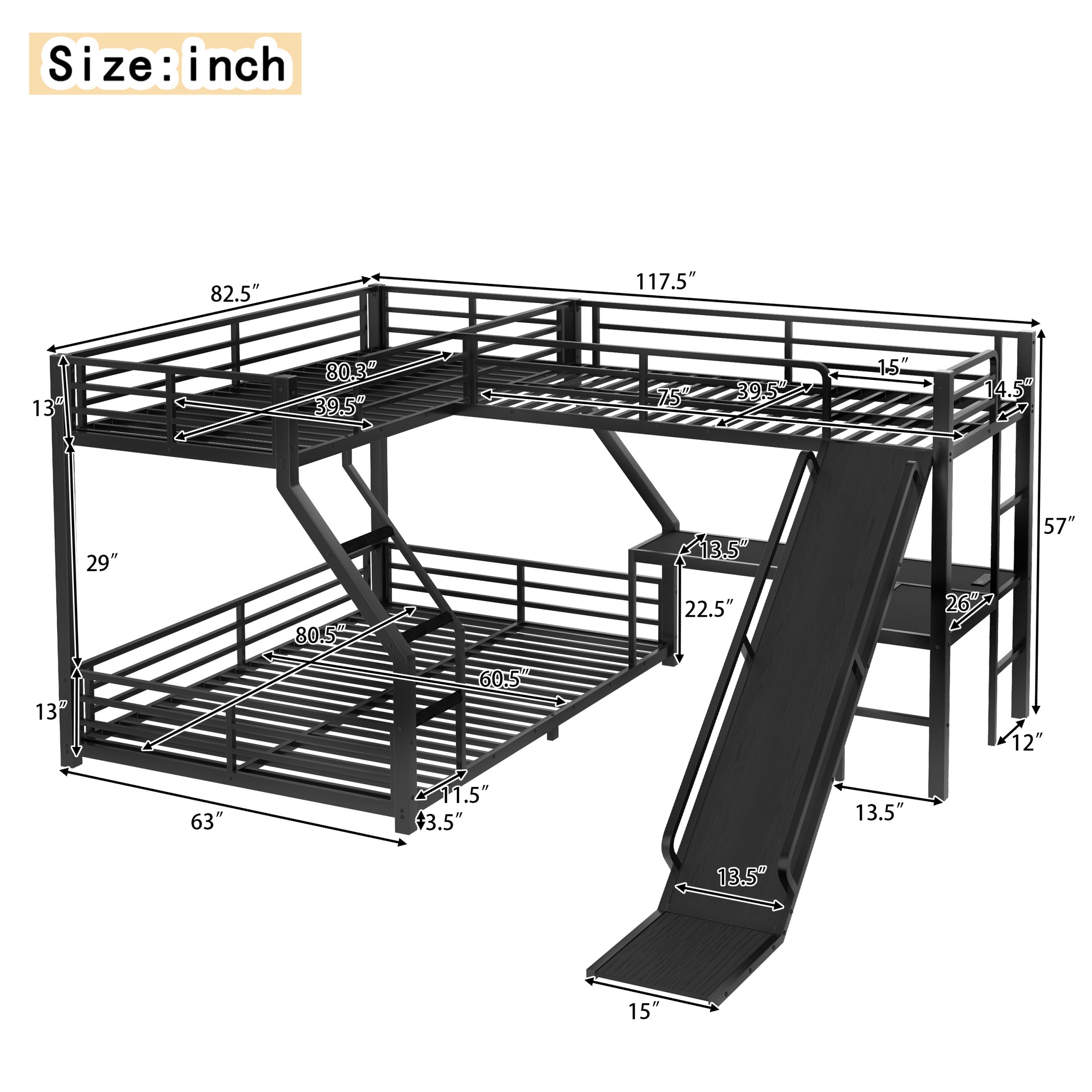 L-Shaped Twin XL over Queen Bunk Bed with Twin Size Loft Bed, Metal Triple Bunk Bed with Slide and USB Ports, Space-saving and Noise-free Design, Black - Image 5