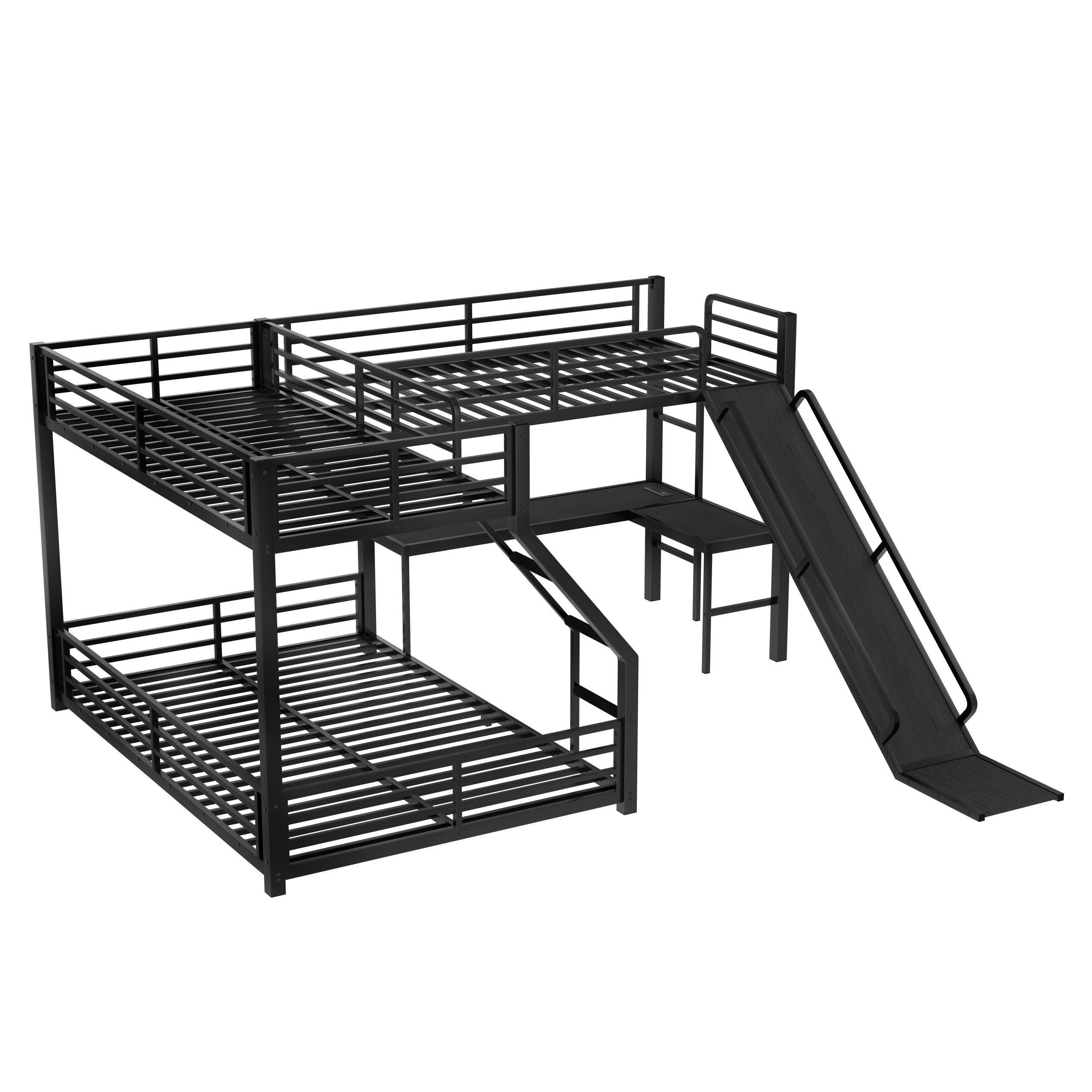 L-Shaped Twin XL over Queen Bunk Bed with Twin Size Loft Bed, Metal Triple Bunk Bed with Slide and USB Ports, Space-saving and Noise-free Design, Black - Image 6