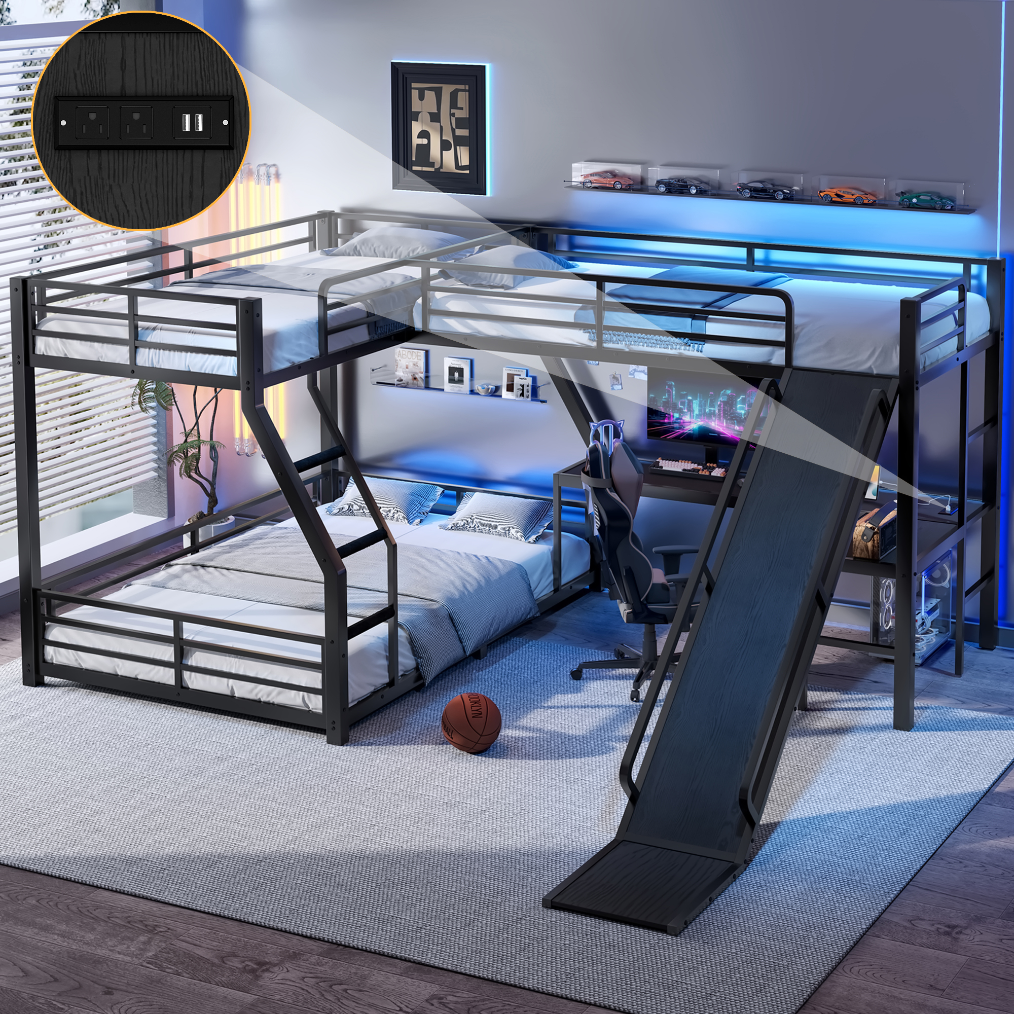 L-Shaped Twin over Full Bunk Bed with Twin Size Loft Bed, Metal Triple Bunk Bed with Slide and USB Ports, Space-saving and Noise-free Design, Black - Image 1