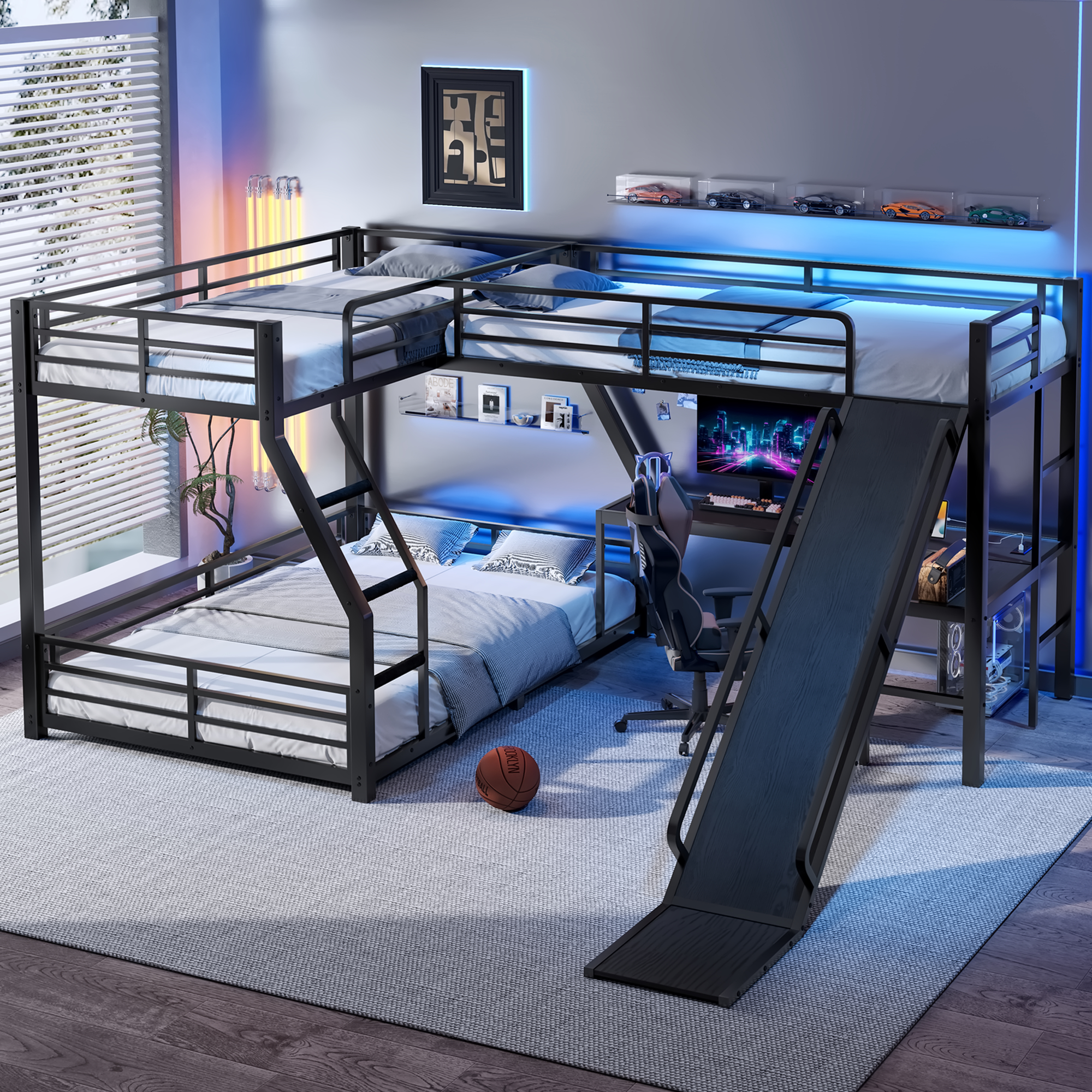 L-Shaped Twin over Full Bunk Bed with Twin Size Loft Bed, Metal Triple Bunk Bed with Slide and USB Ports, Space-saving and Noise-free Design, Black - Image 2