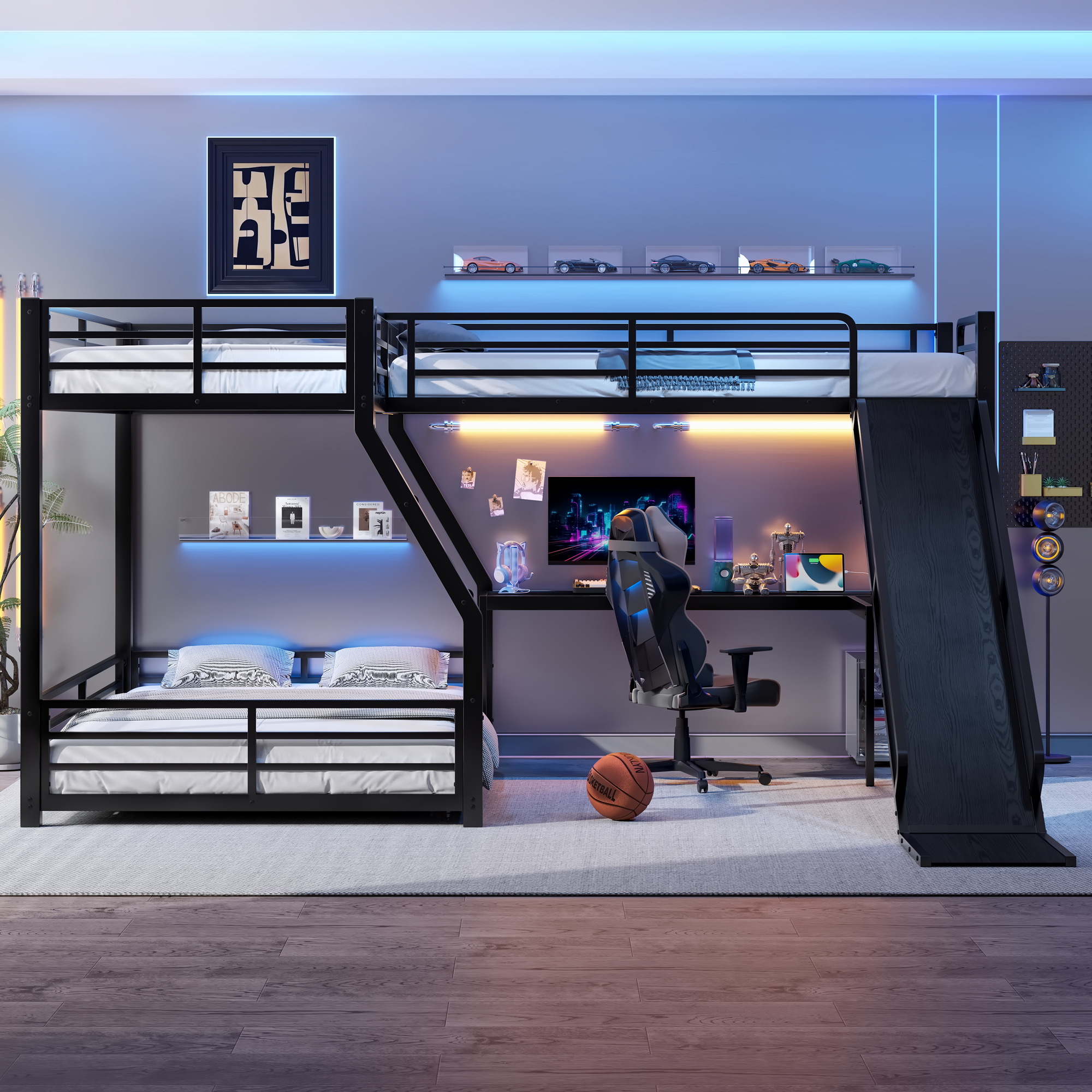 L-Shaped Twin over Full Bunk Bed with Twin Size Loft Bed, Metal Triple Bunk Bed with Slide and USB Ports, Space-saving and Noise-free Design, Black - Image 3
